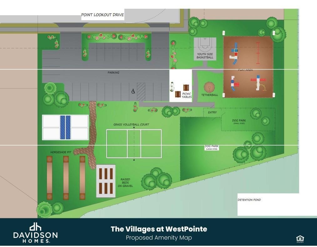 Proposed amenity map for The Villages at WestPointe, Dayton, Texas: basketball court, volleyball area, dog park, parking by Davidson Homes