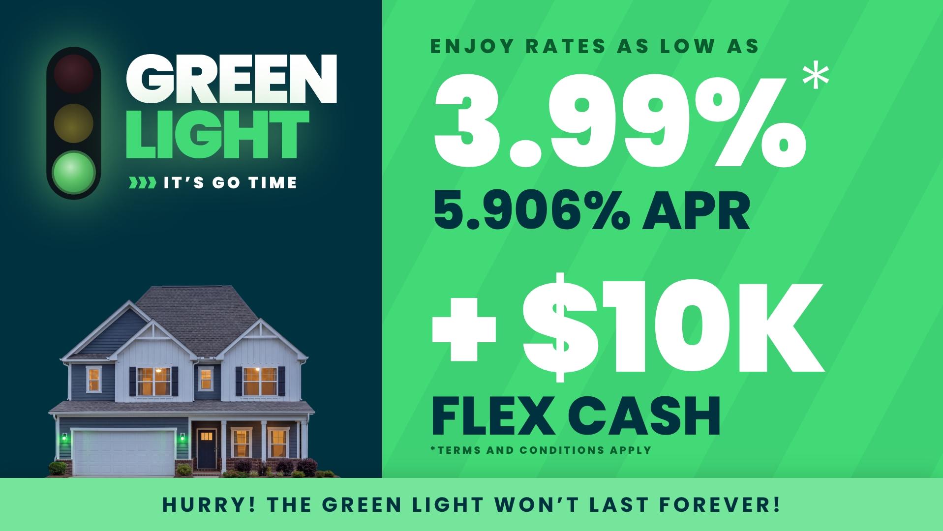 Green Light promo featuring new brick home exterior in Huntsville with twilight self-tours and low mortgage rates