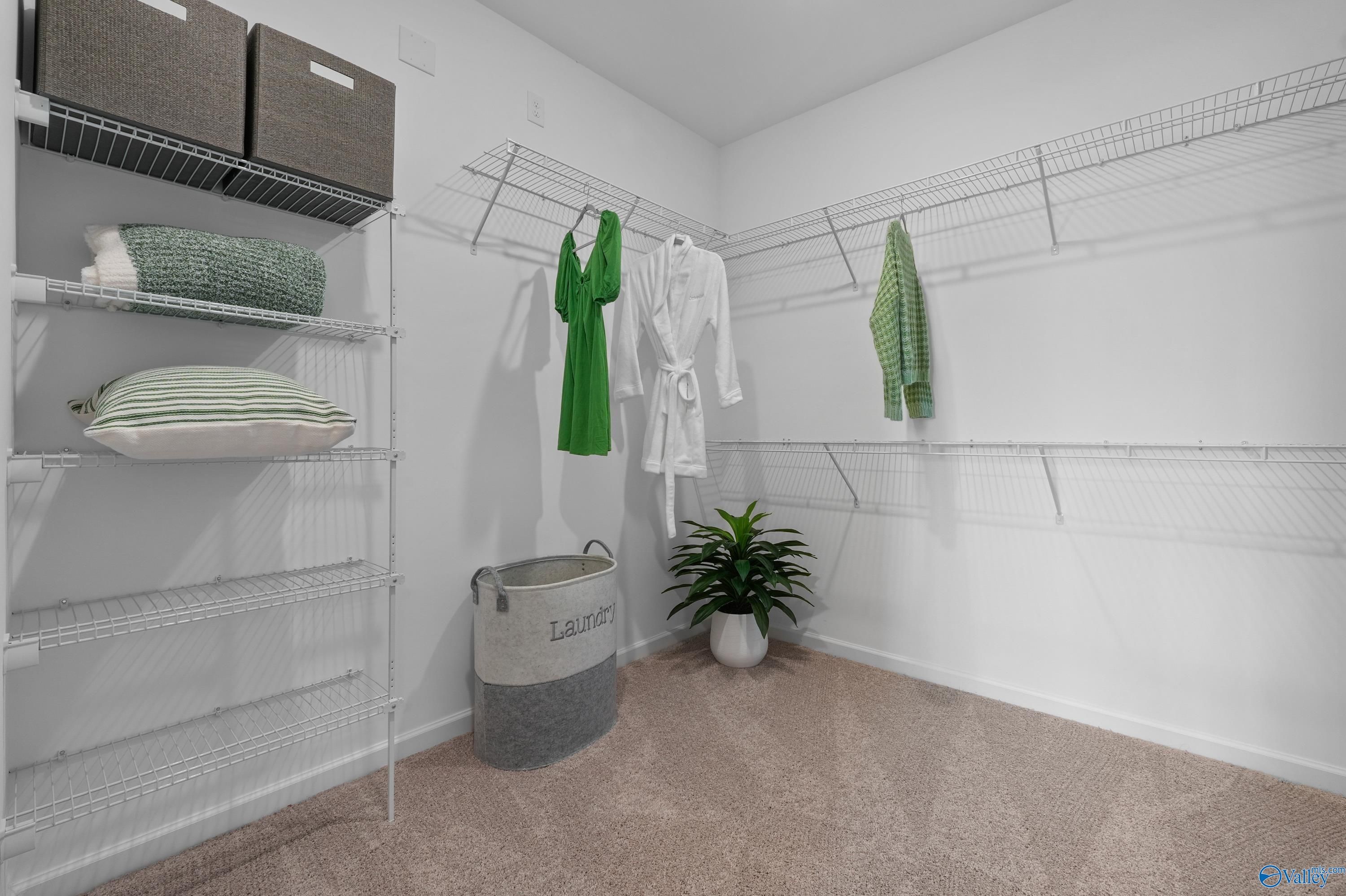 Spacious walk-in closet with wire shelving, hanging green dress and robe, storage bins, laundry basket in Evermore Homes The Malibu, Madison, Alabama