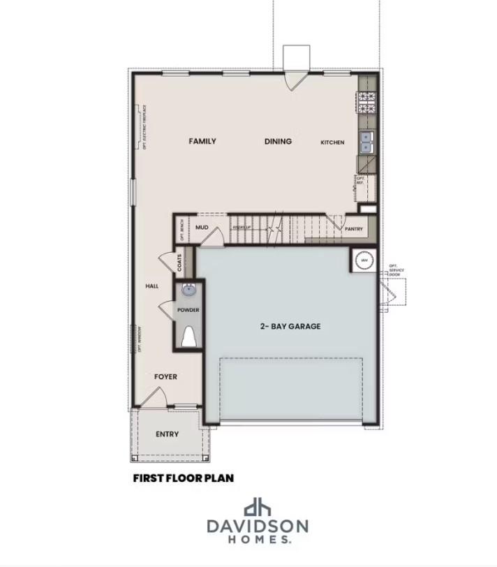 First-floor plan for The Hartwell B by Davidson Homes featuring open-concept living and 2-car garage in Bailey Park.