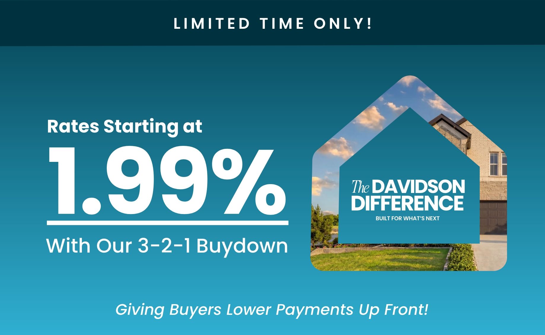 Blue plaid banner with Welcome Home title, announcing rates as low as 1.99% mortgage for Houston new homes