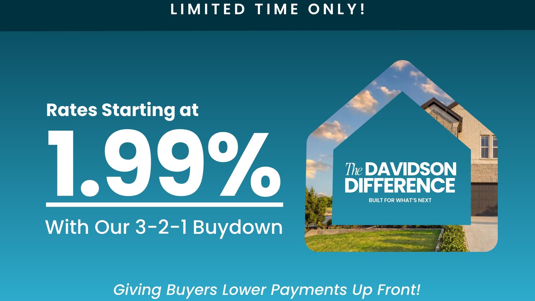 Blue plaid banner with Welcome Home title, announcing rates as low as 1.99% mortgage for Houston new homes