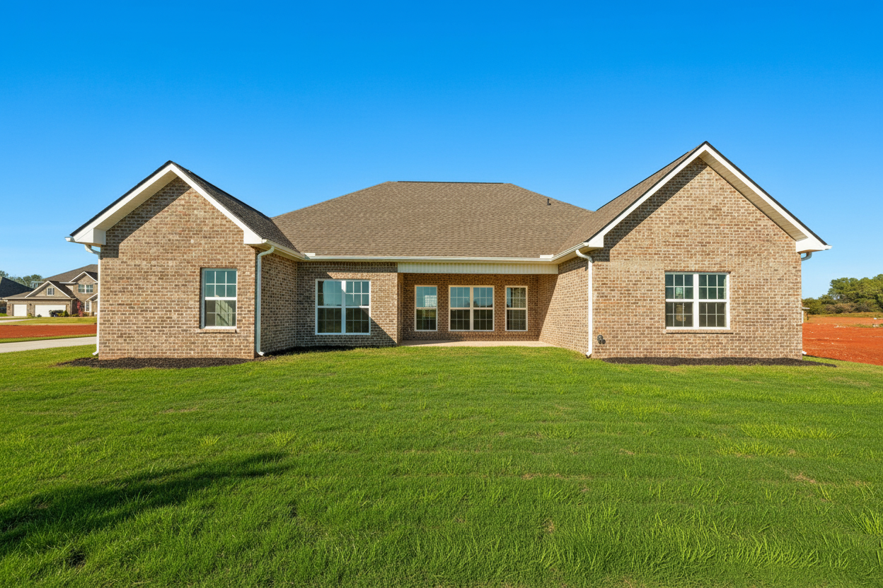 Rear elevation of The Valencia 4-bedroom single-story home with brick siding, large windows, covered patio, and lush green lawn