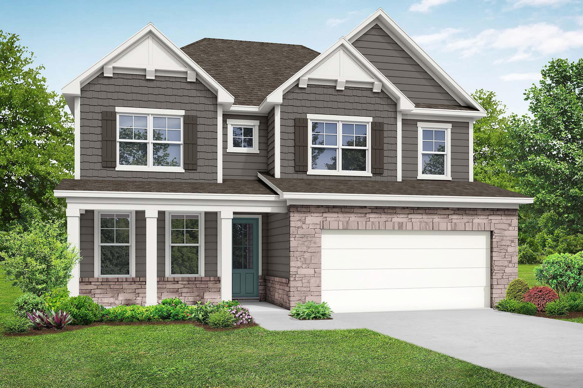 Two-story The Willow D elevation in Wehunt Meadows: gray siding, brick base, covered porch, two-car garage, lush landscaping