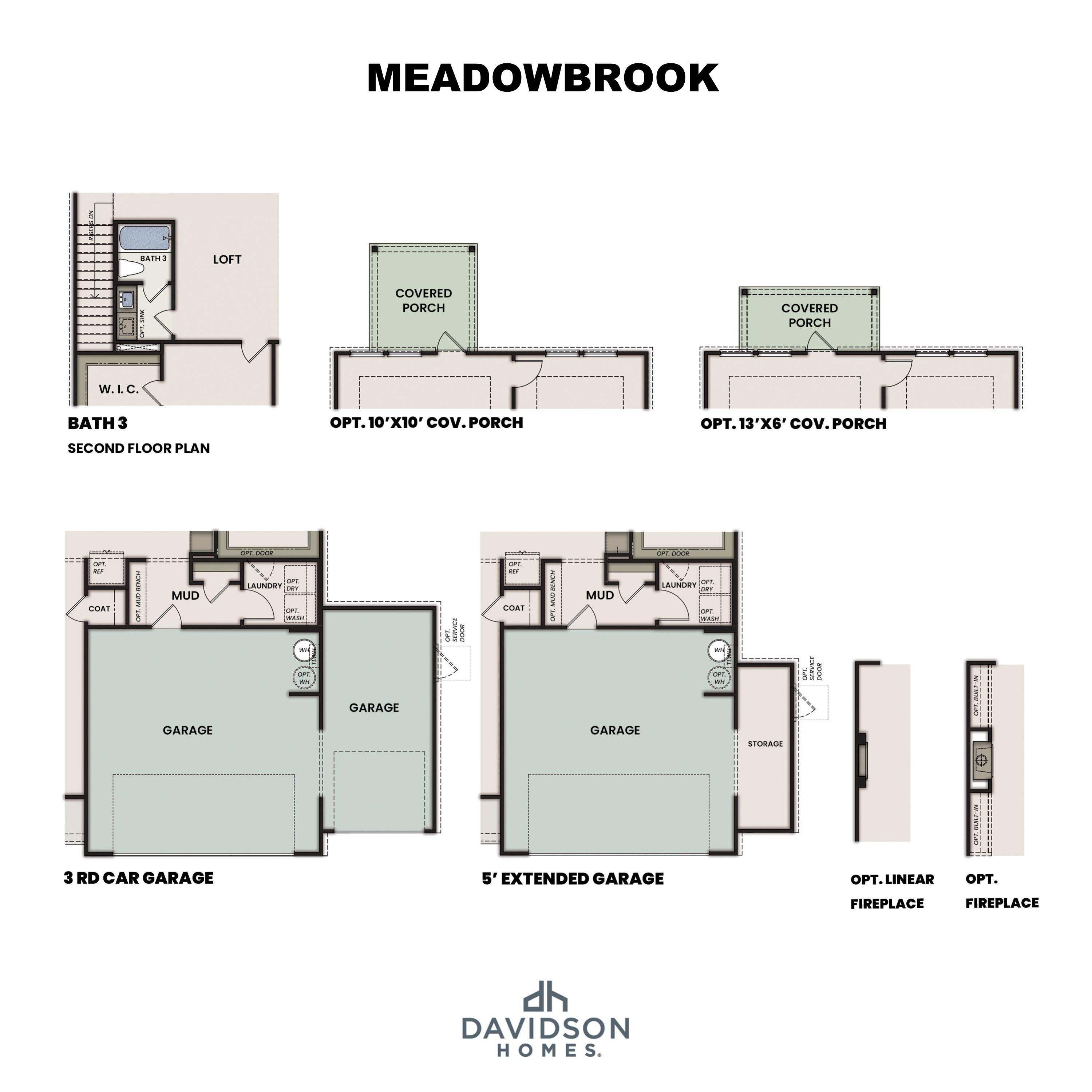 Second floor plan of The Meadowbrook showcasing loft, Bath 3, mechanical room, and optional covered patio options