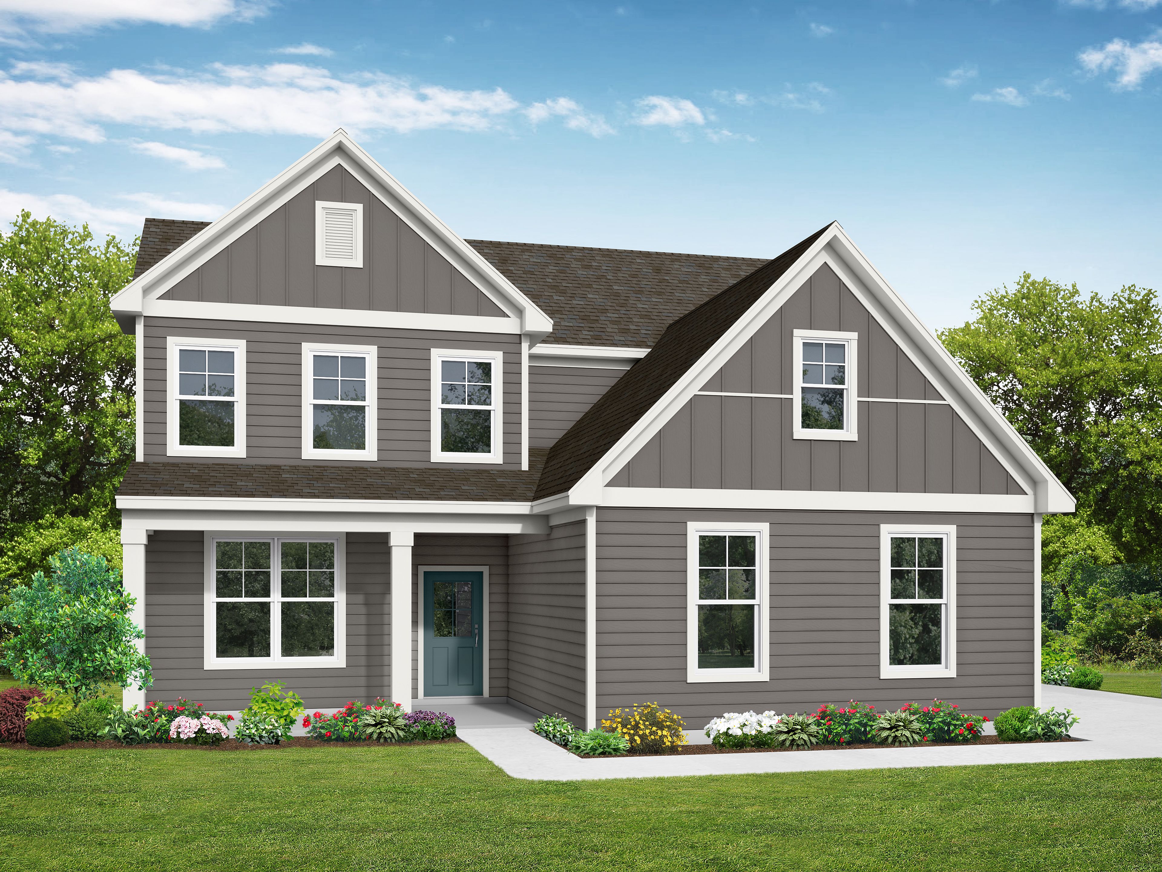 The Ash A elevation by Davidson Homes featuring a two-story exterior with gray siding and a welcoming front porch.