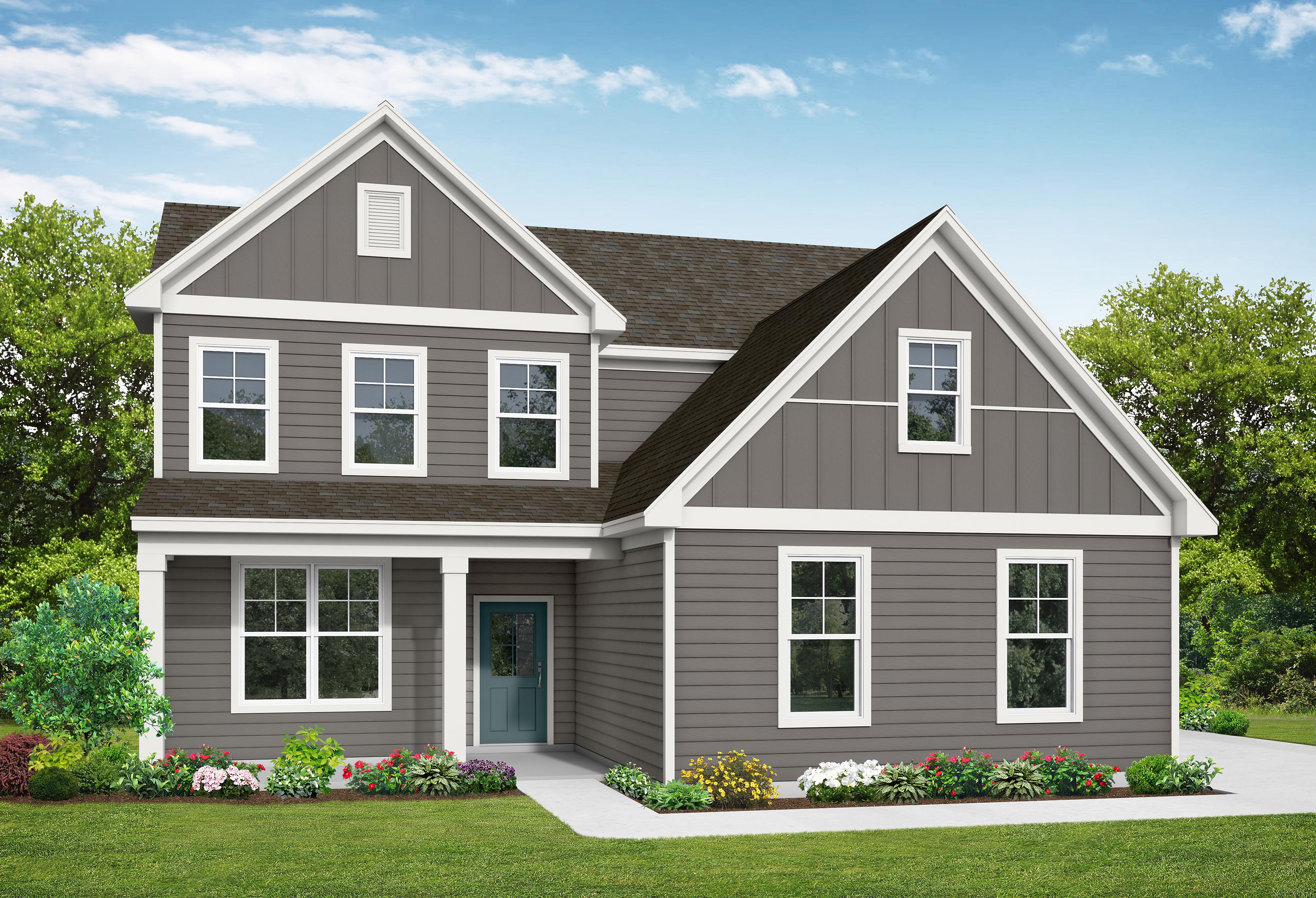 The Ash A elevation by Davidson Homes featuring a two-story exterior with gray siding and a welcoming front porch.
