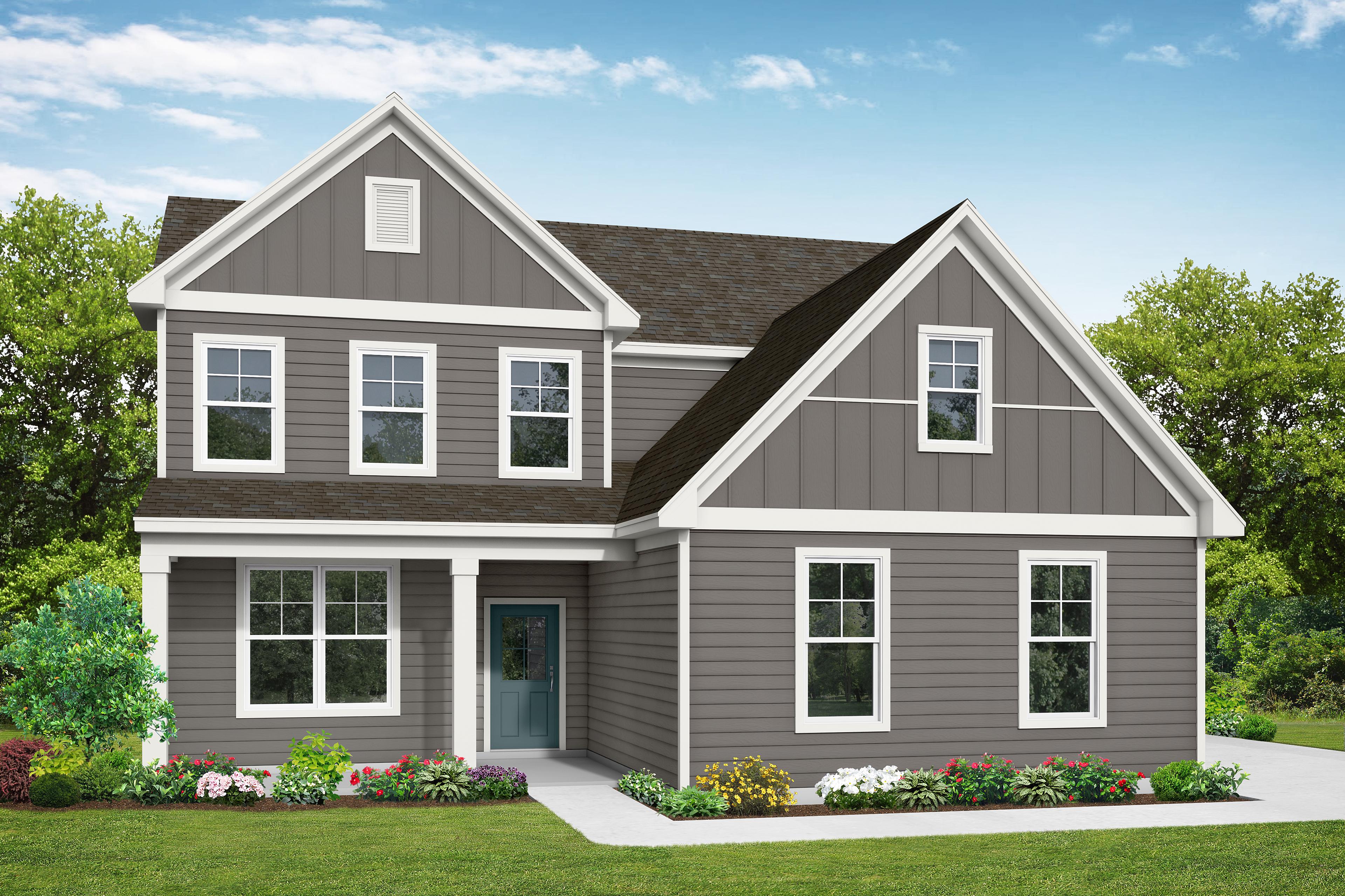 The Ash A elevation by Davidson Homes featuring a two-story exterior with gray siding and a welcoming front porch.