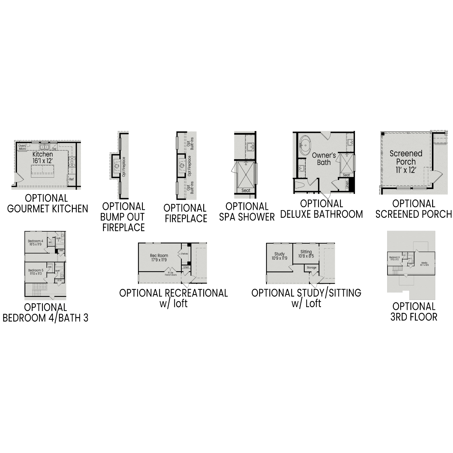 Second floor plan of The Aspen home design featuring optional spa shower, deluxe bathroom, screened porch, loft, and bedroom 4
