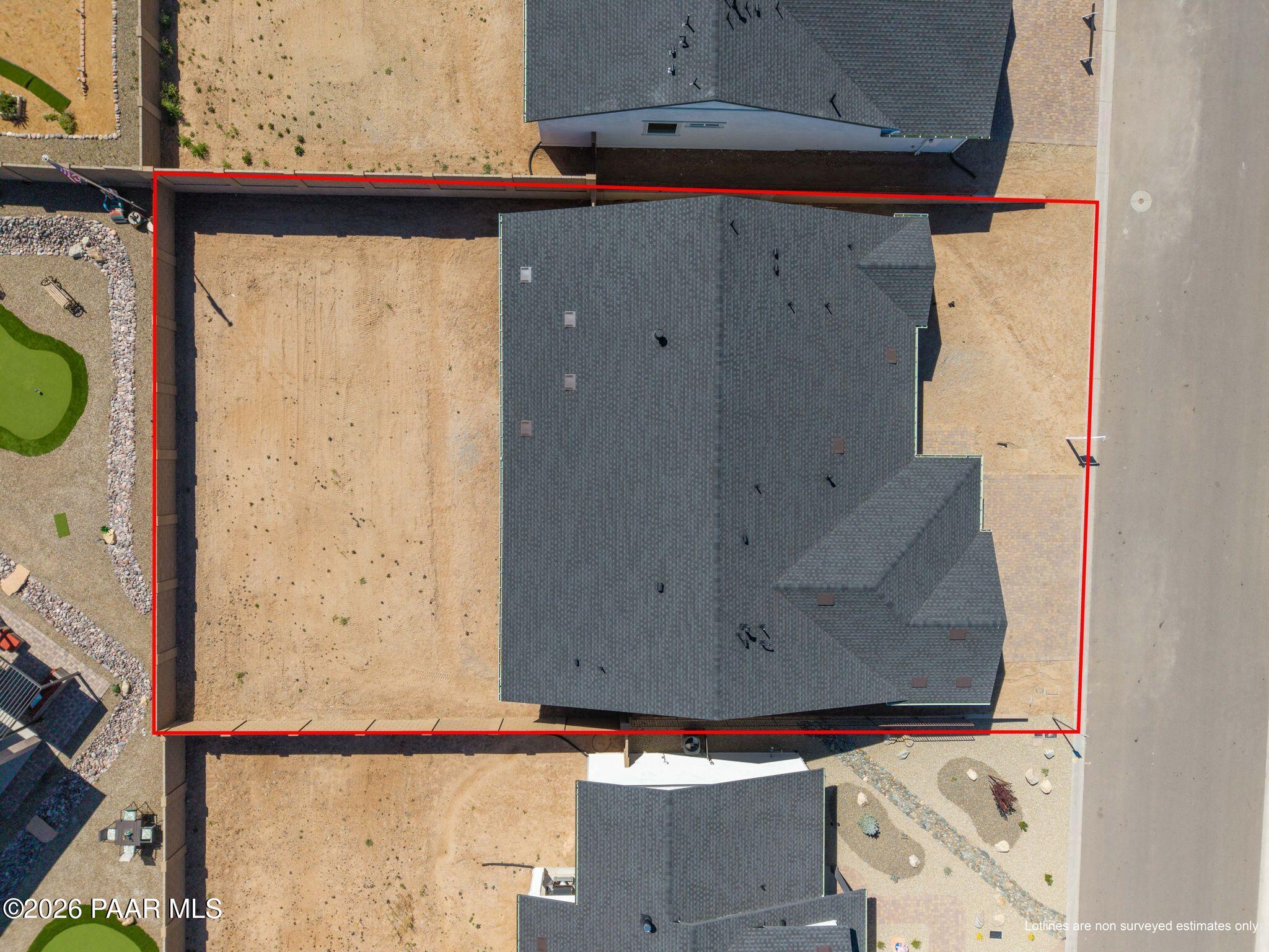 Aerial view of The Monarch A single-story home by Davidson Homes in Westwood, Prescott, AZ, with 3-car garage and landscaped lot