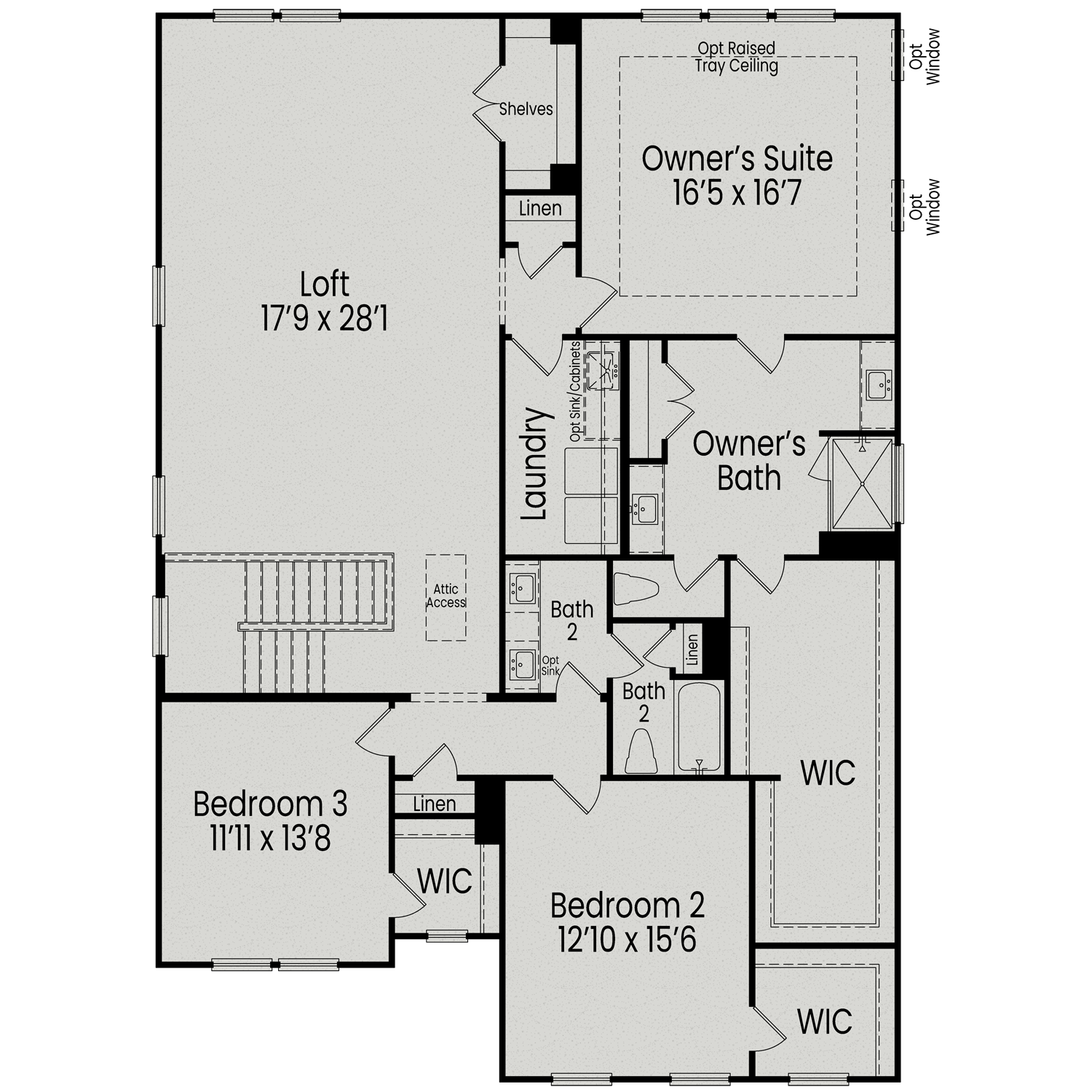 Upper floor plan of The Aspen C showcasing 16x17 owner's suite, loft, bedrooms 2 and 3, baths, and laundry in Wendell NC