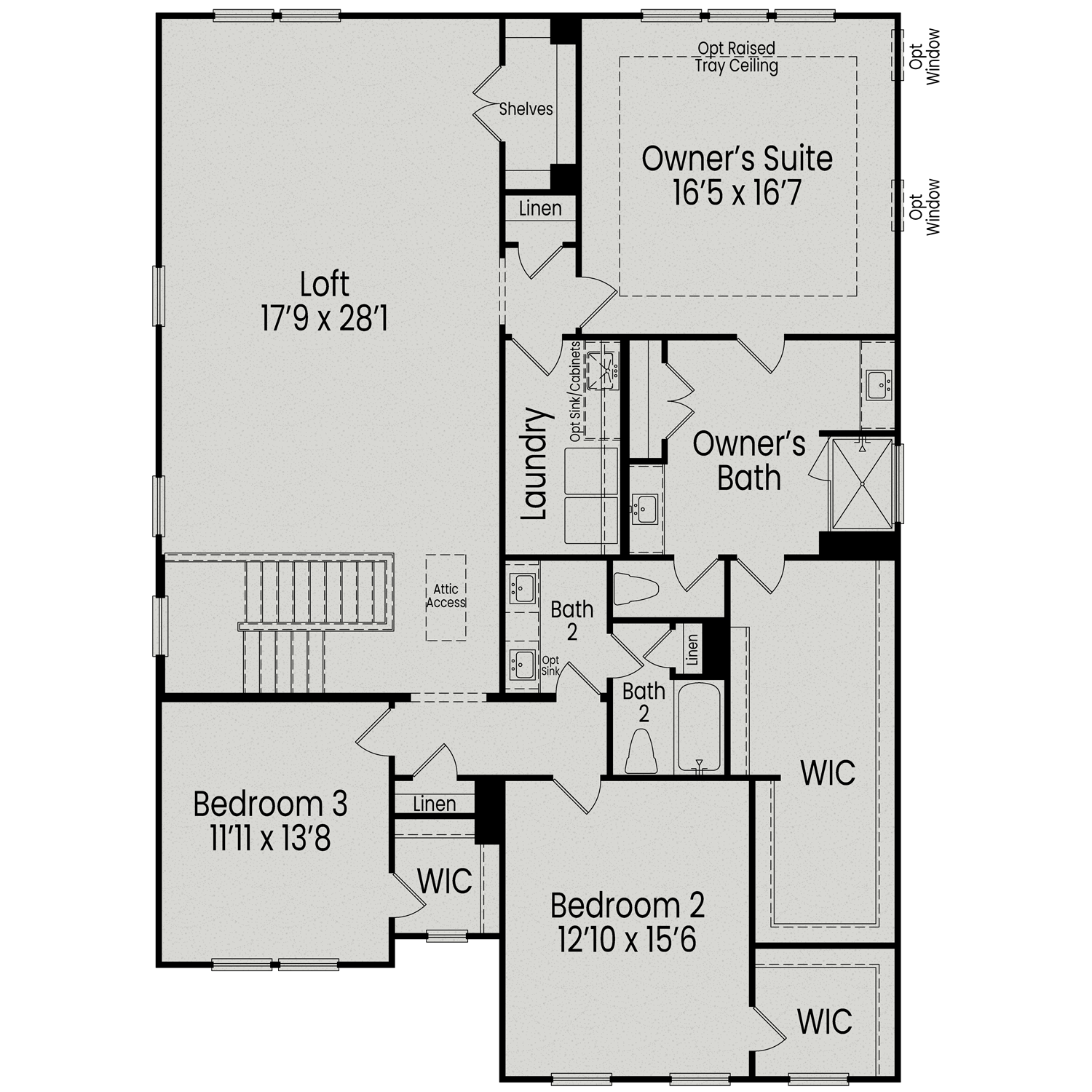 Second floor plan of The Aspen B showcasing owner's suite 16x17, loft, bedrooms 2 and 3, baths, and walk-in closets