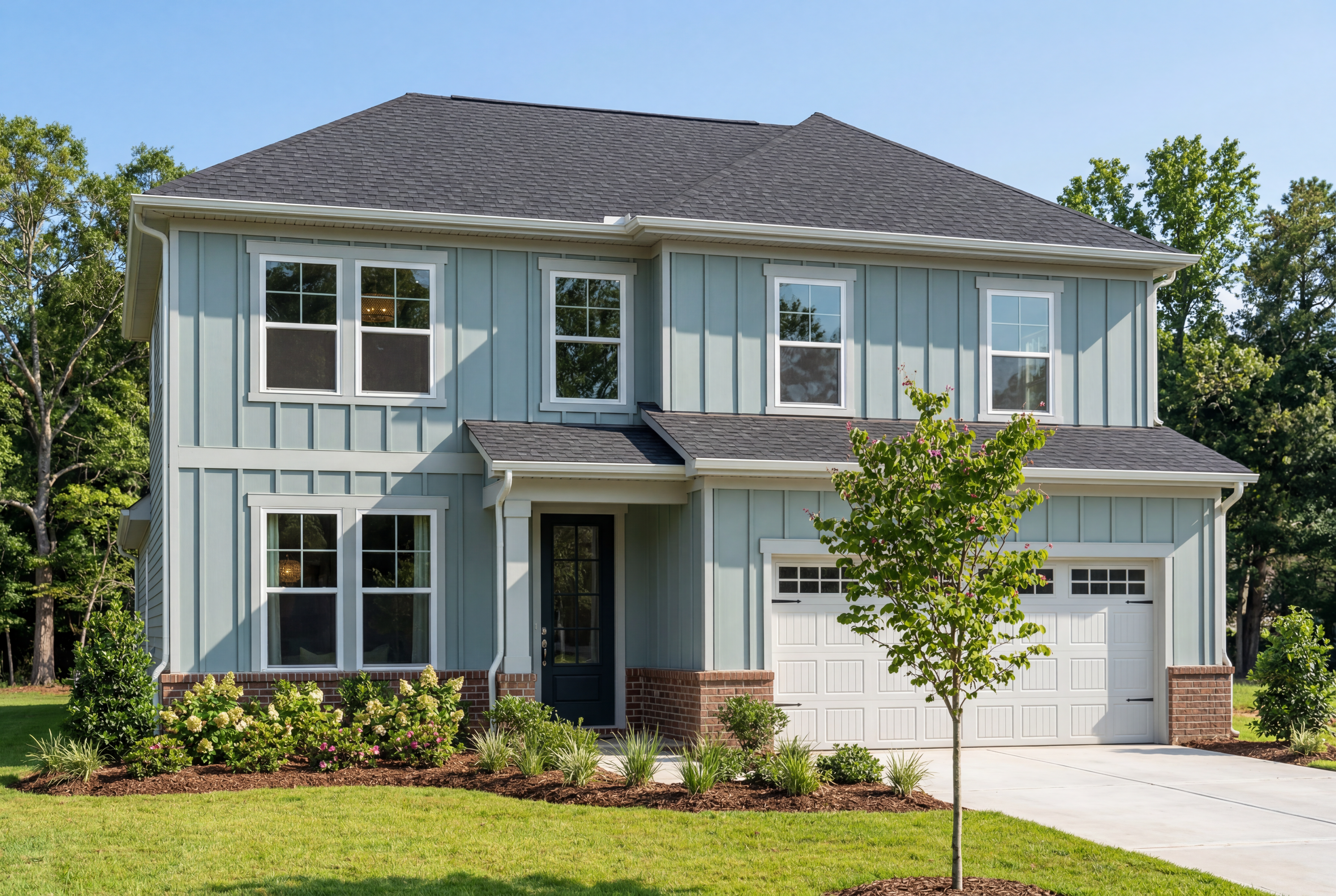 Two-story The Ashport K home elevation in light blue vinyl siding and brick, 2-car garage, front porch, lush landscaping in Mooresville NC