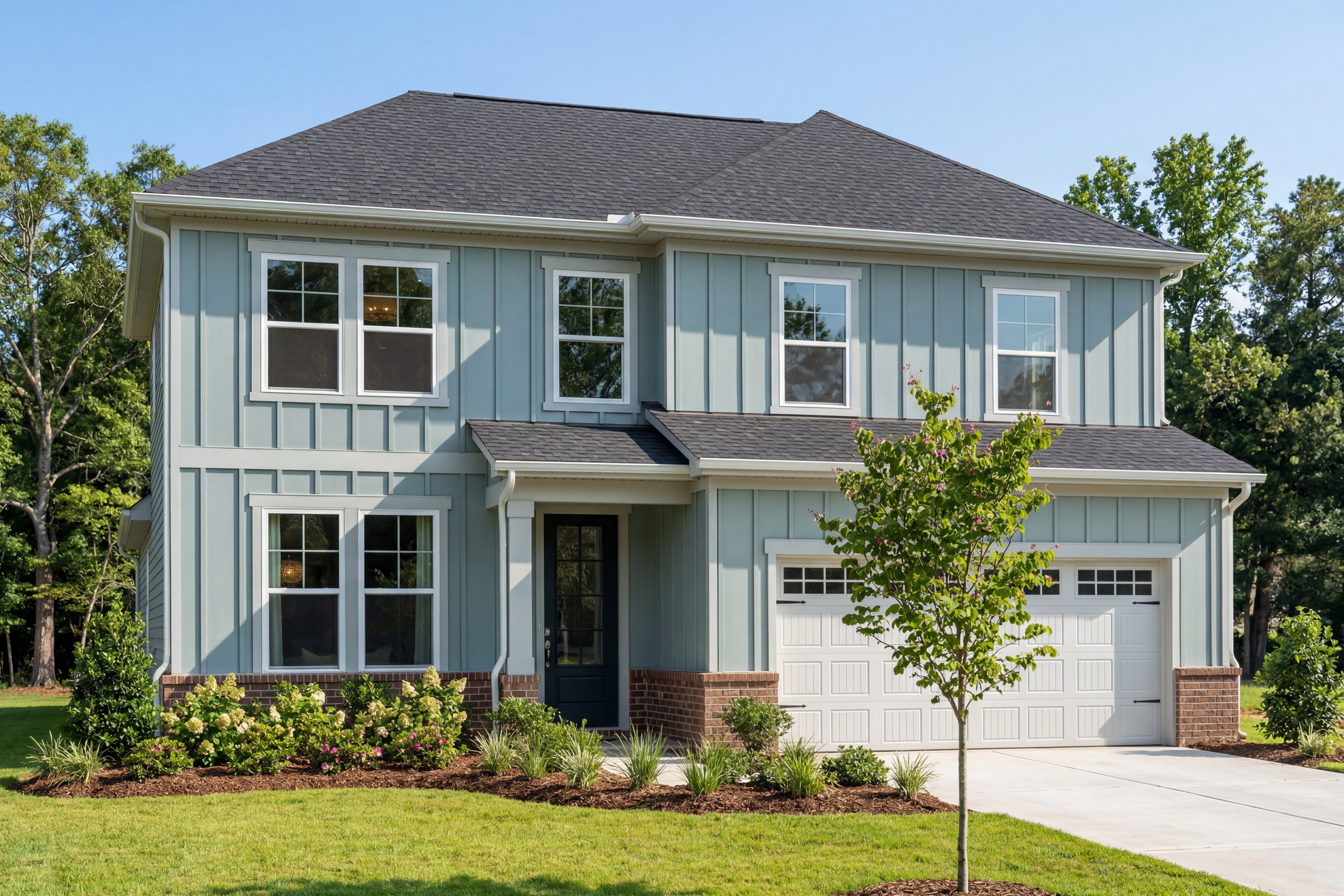 Two-story The Ashport K home elevation in light blue vinyl siding and brick, 2-car garage, front porch, lush landscaping in Mooresville NC
