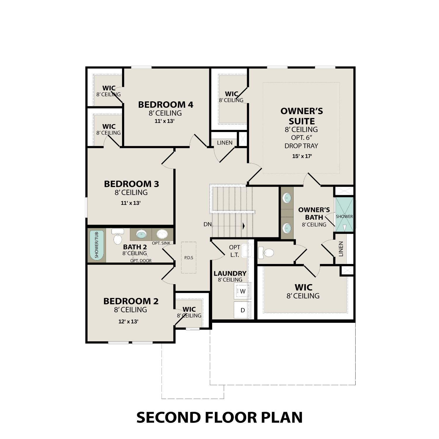 Second floor plan of The Henry A featuring owner's suite, three bedrooms, full baths, and laundry in Mt. Juliet home