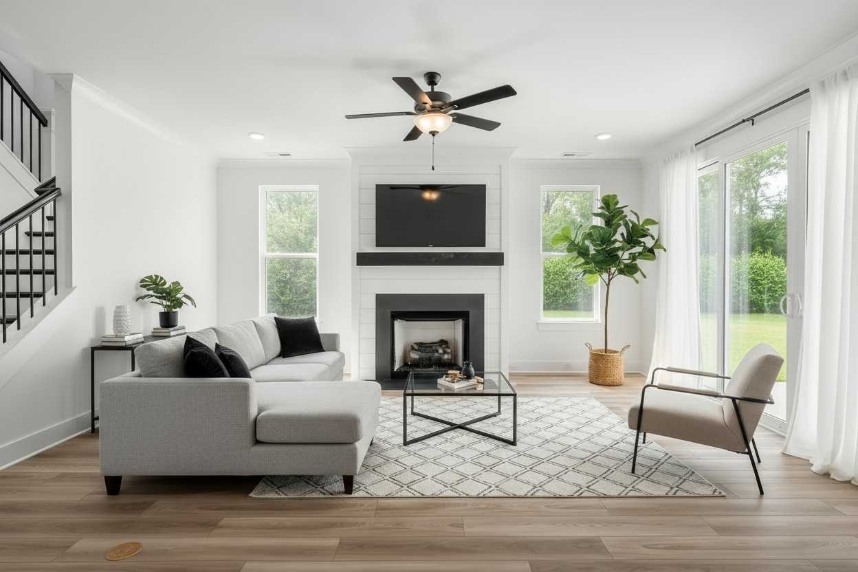 Cozy living room with gas fireplace, gray sectional sofa, fiddle leaf fig, and backyard views in The Hathaway floor plan, Murfreesboro, TN