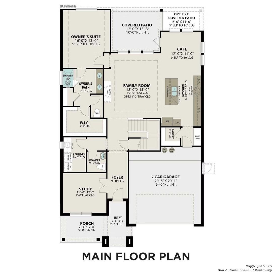 Main floor plan of Davidson Homes The Sequoia C: open kitchen, family room, owner's suite, study, 2-car garage in San Antonio, TX
