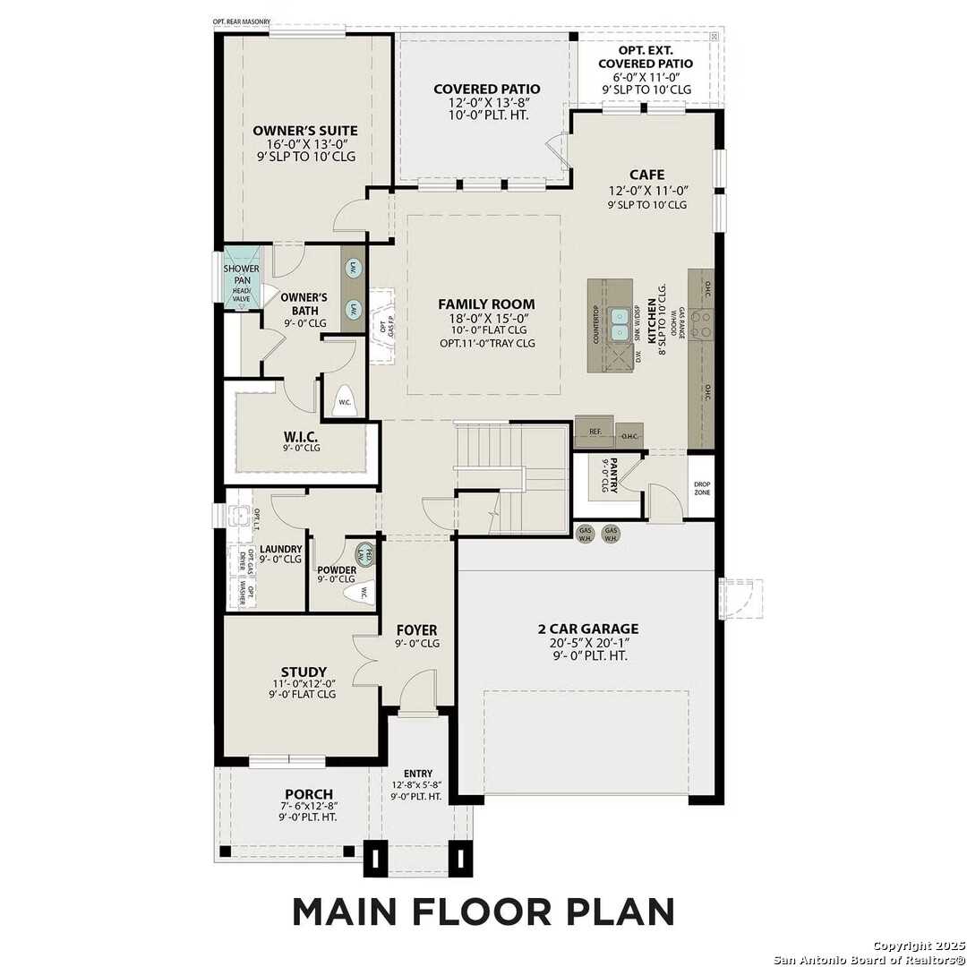 Main floor plan of Davidson Homes The Sequoia C: open kitchen, family room, owner's suite, study, 2-car garage in San Antonio, TX