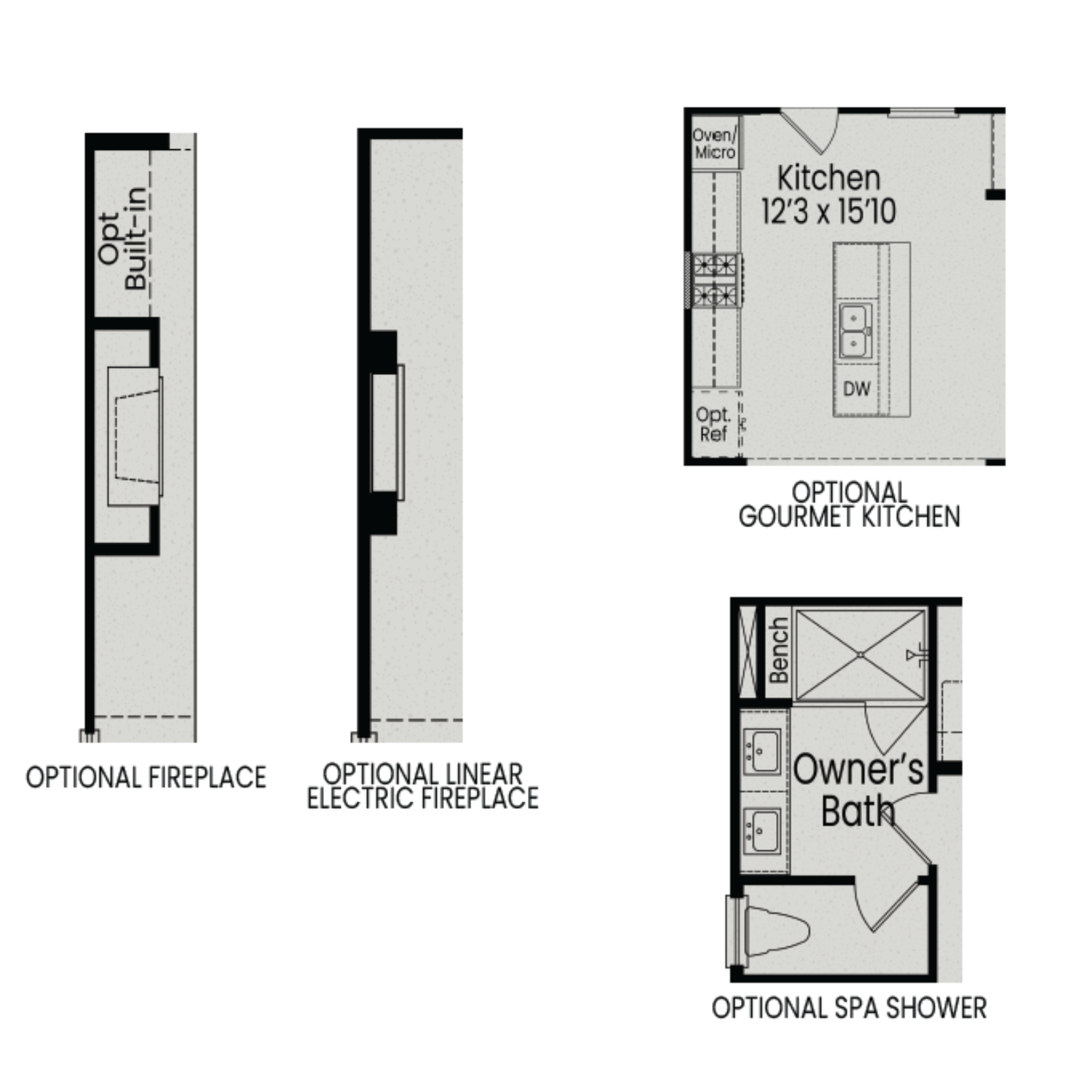 Gourmet kitchen layout in The Burke floor plan featuring island, dishwasher, oven, microwave, and adjacent owner's bath with optional spa shower
