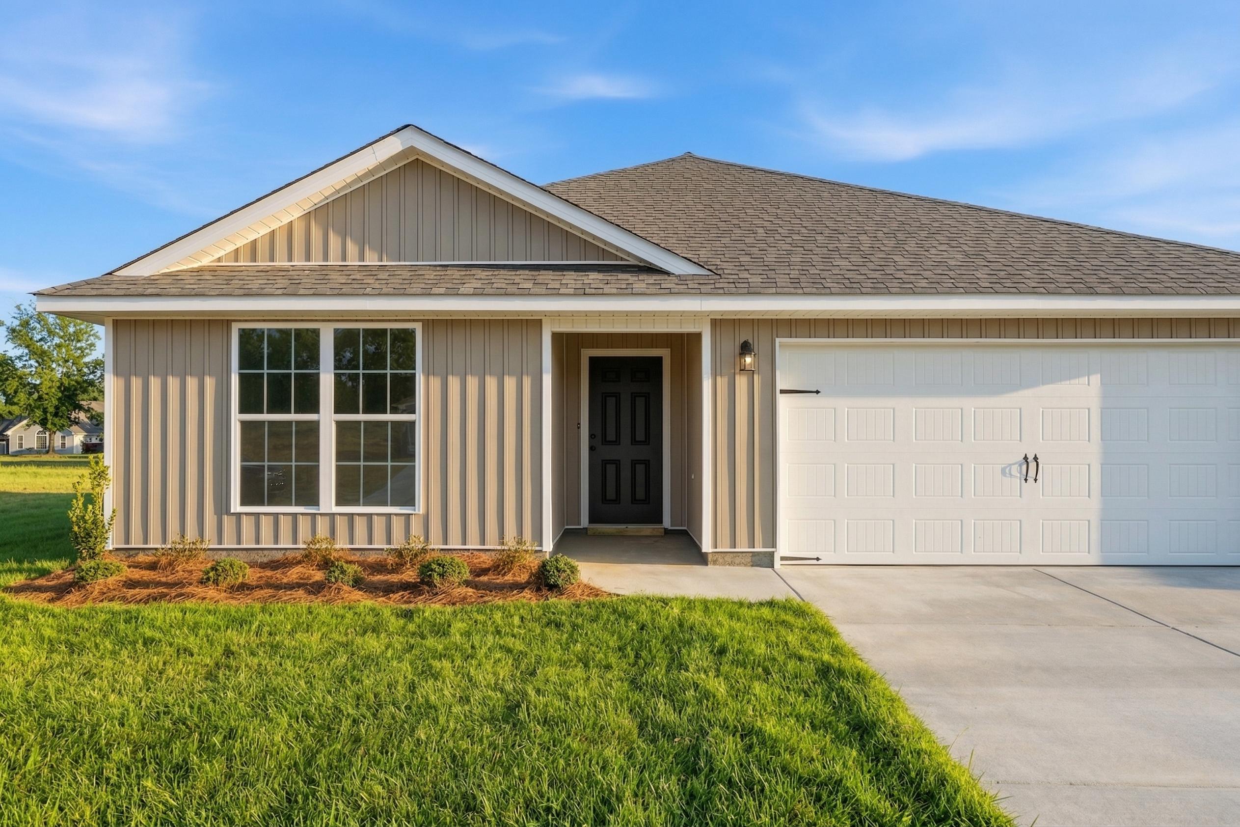Craftsman-style beige home exterior at Chapel Hill in Athens, Alabama with gabled roof, attached garage, and landscaped front yard