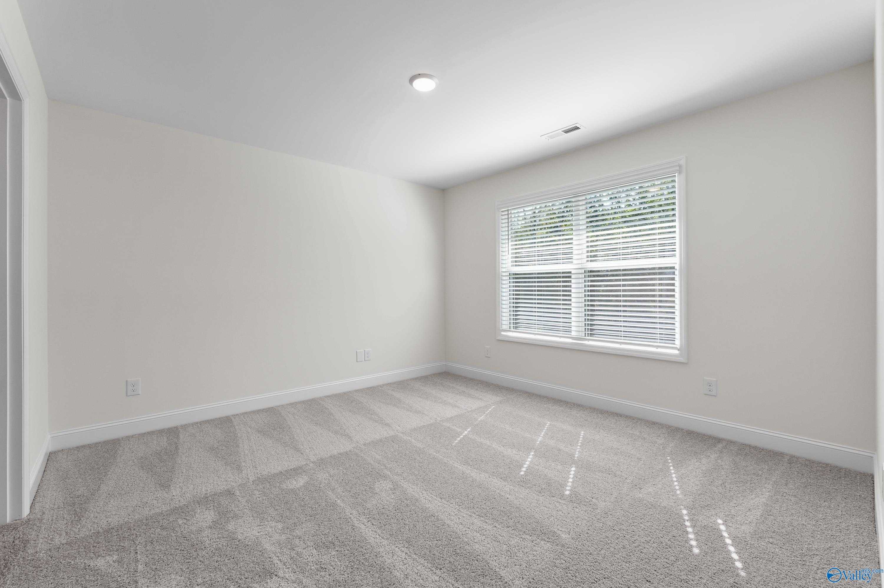 Bright empty secondary bedroom with neutral walls, gray carpet, and large window overlooking trees in Davidson Homes The Shelby A, Athens, Alabama