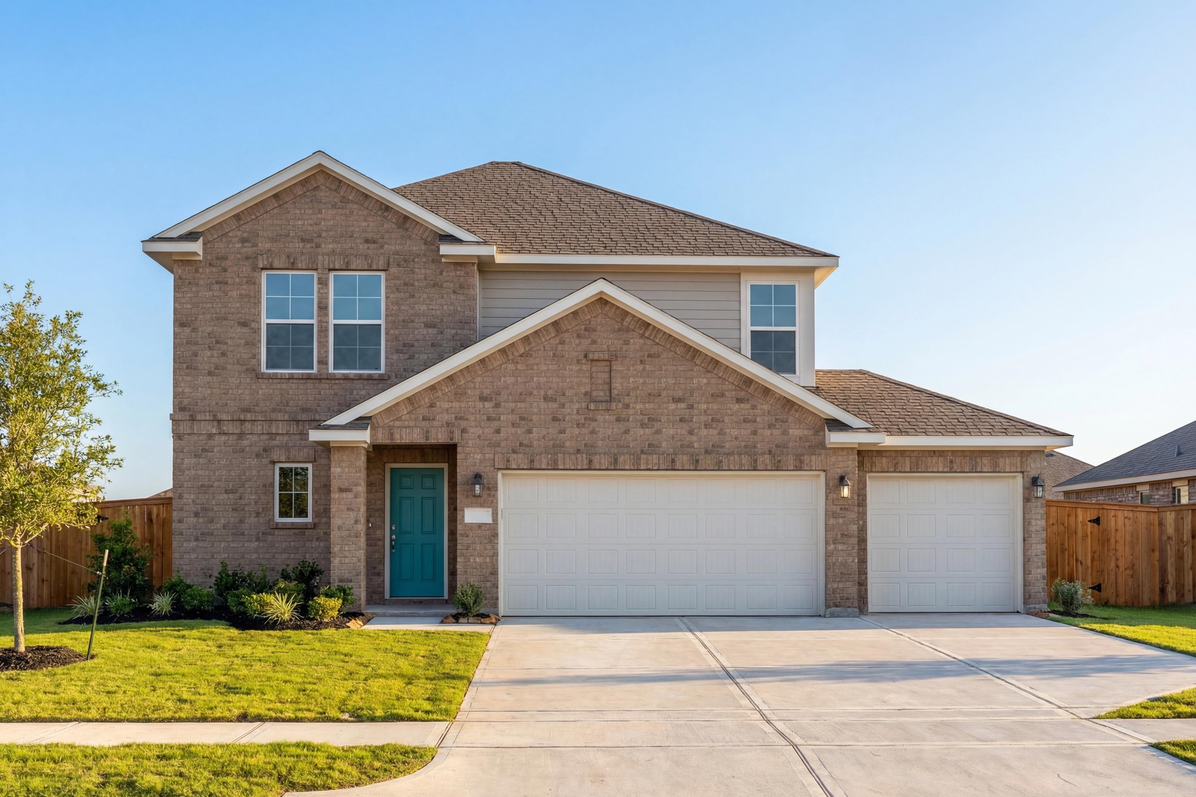 Two-story brick The Tierra A home with 3-car garage, teal door, driveway, and landscaped yard in Dayton, Texas