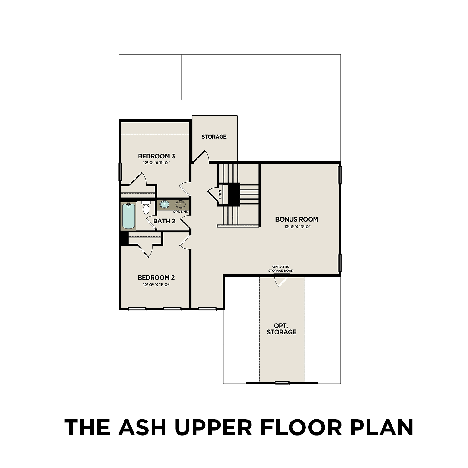 Upper floor plan of The Ash home design featuring two bedrooms, full bath, bonus room, and storage areas