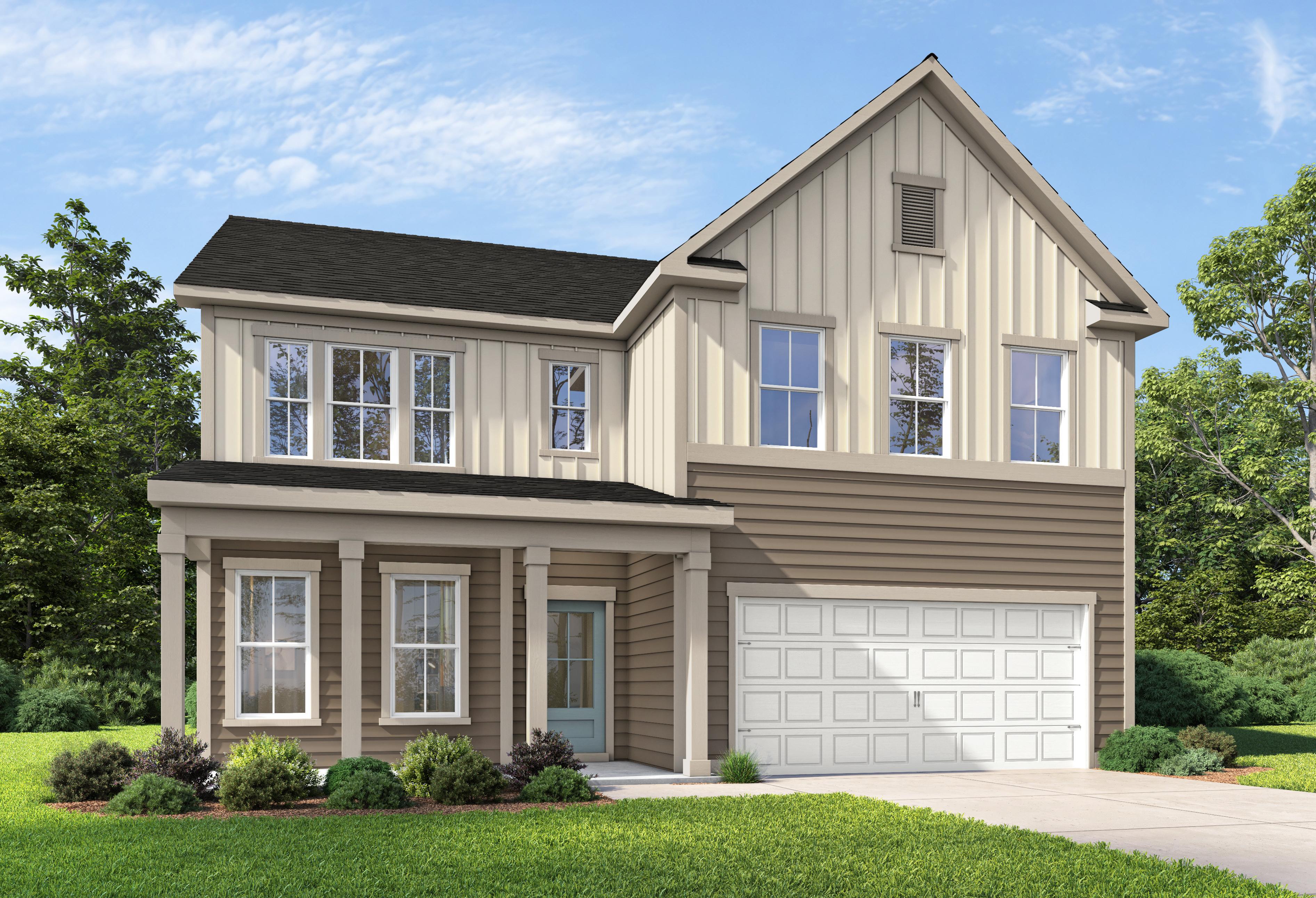 The Aspen D two-story single-family home in Toney, Alabama, featuring a modern farmhouse brick and vinyl exterior.