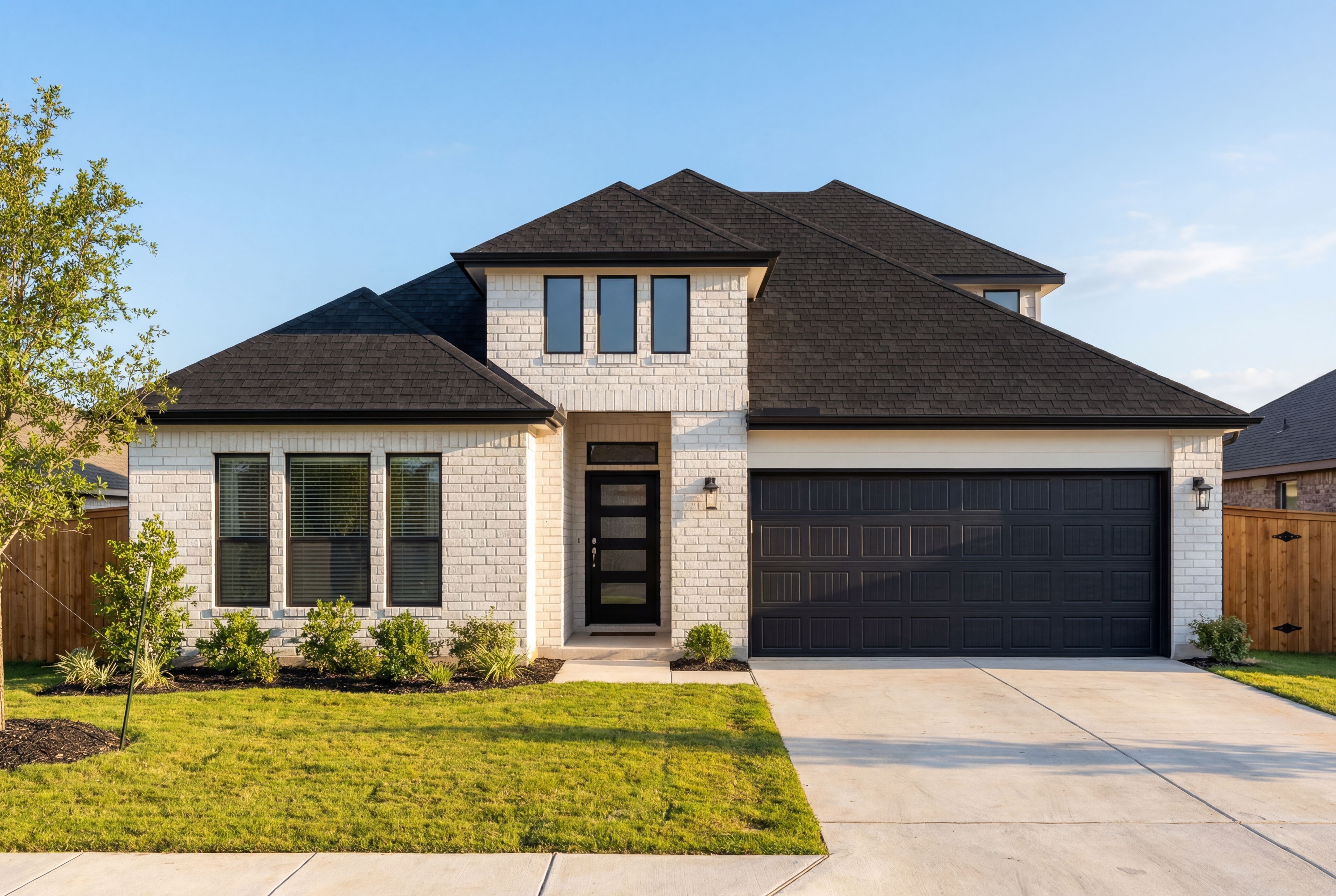 Modern white brick single-story home The Collin A elevation with black roof, garage, large windows, and landscaped yard in Seguin Texas