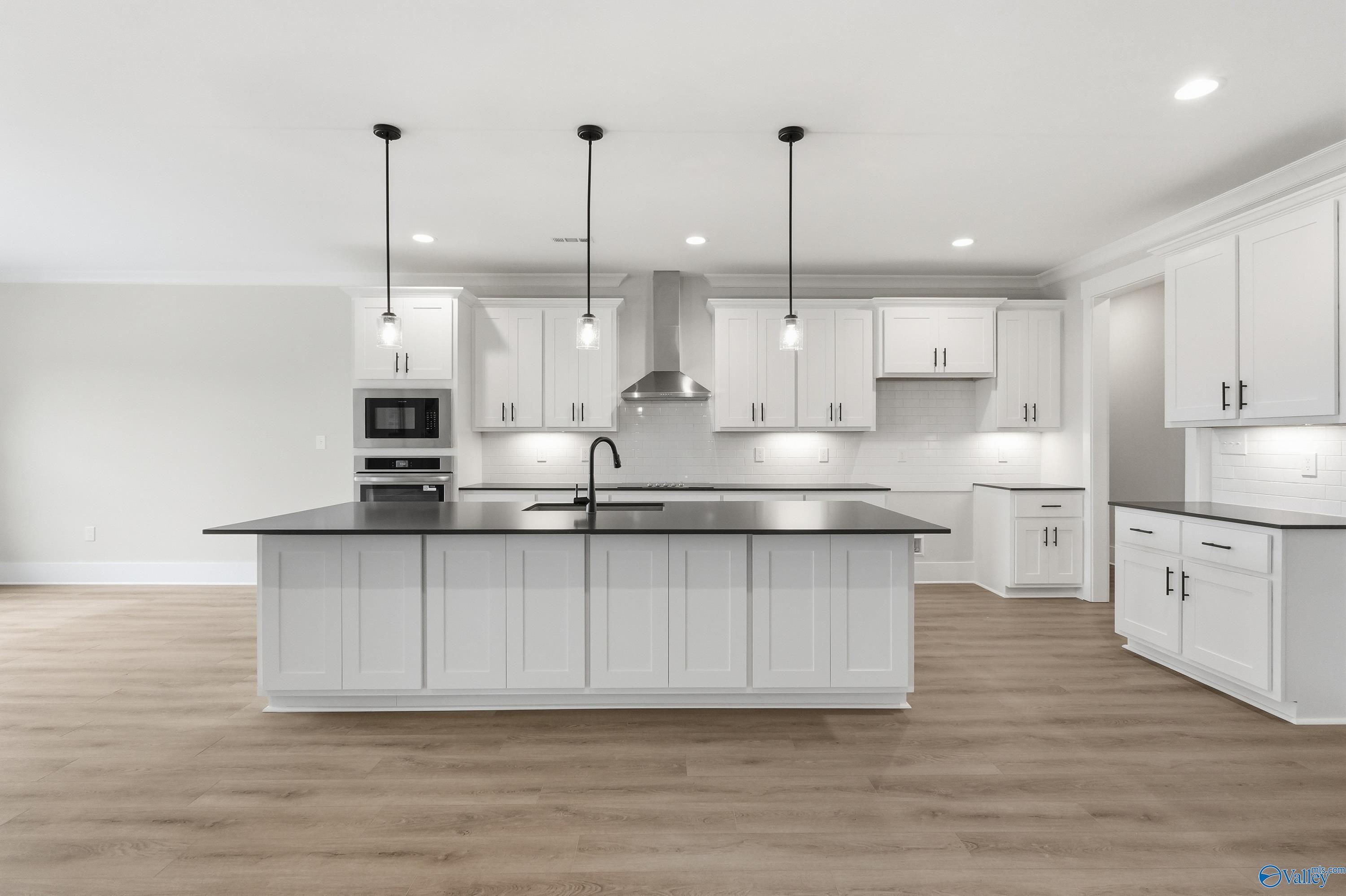 Modern white kitchen with black granite island, stainless appliances, and pendant lights in Davidson Homes The Finleigh, Meridianville, Alabama