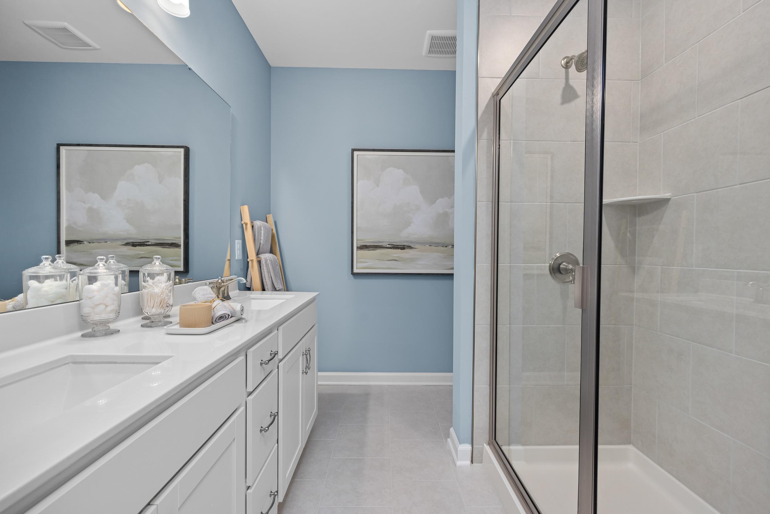 Spacious master bathroom in The Magnolia A featuring blue walls, white double vanity, and frameless glass shower