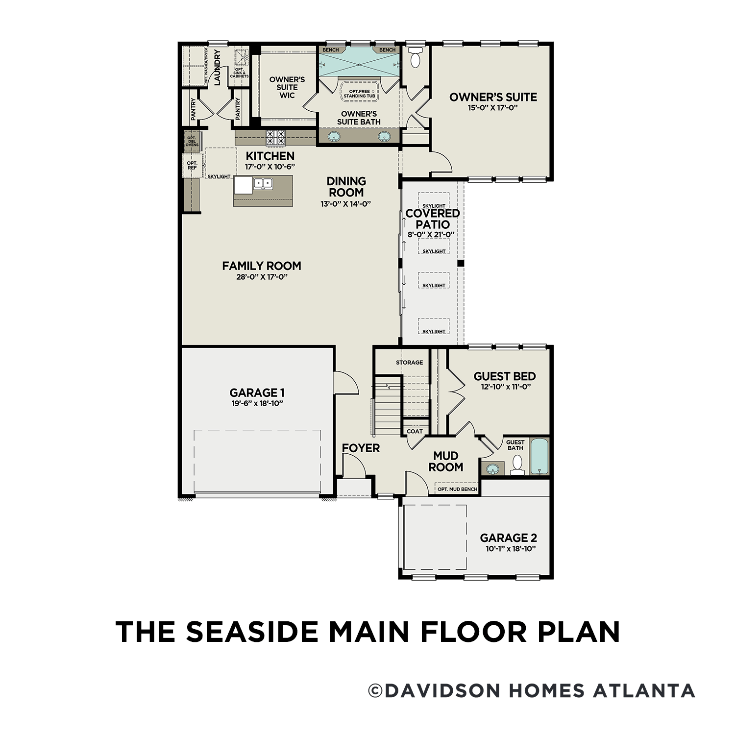 Main floor plan of The Seaside by Davidson Homes featuring open kitchen, dining area, family room, and 3-car garage
