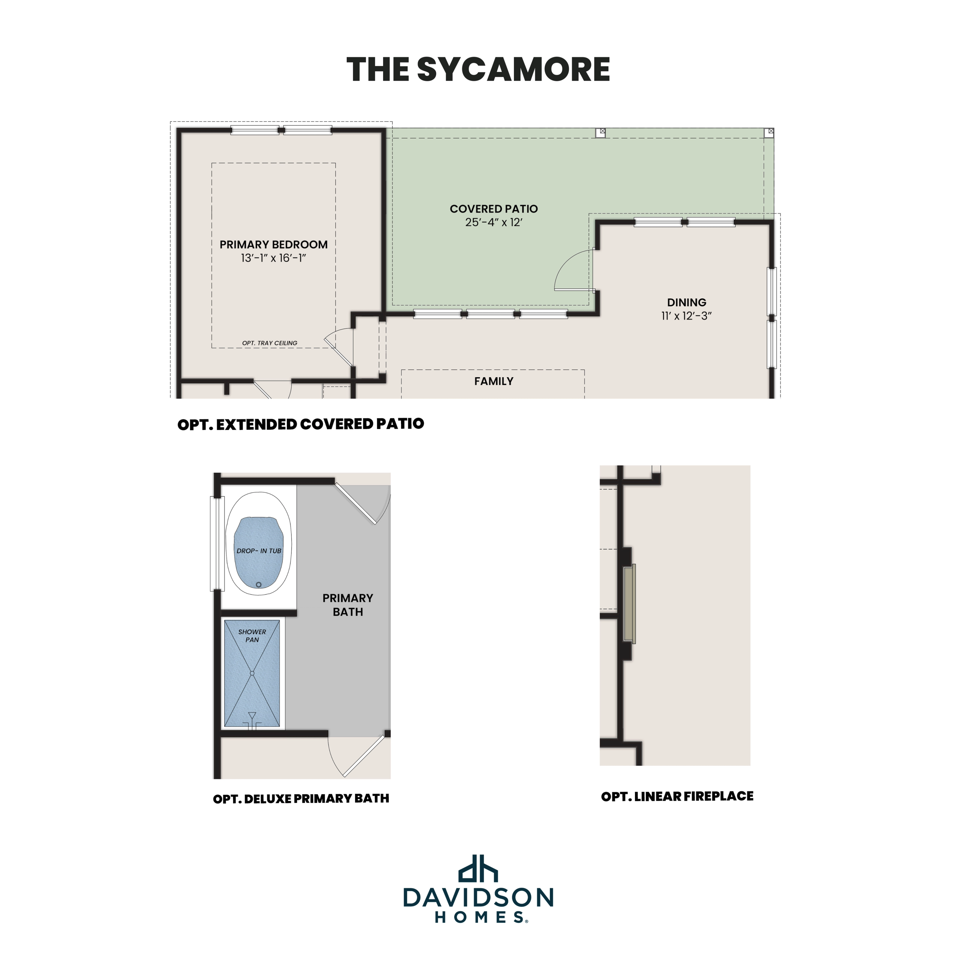 Main floor plan of The Sycamore by Davidson Homes featuring primary bedroom suite, extended covered patio, family room, and deluxe bath options