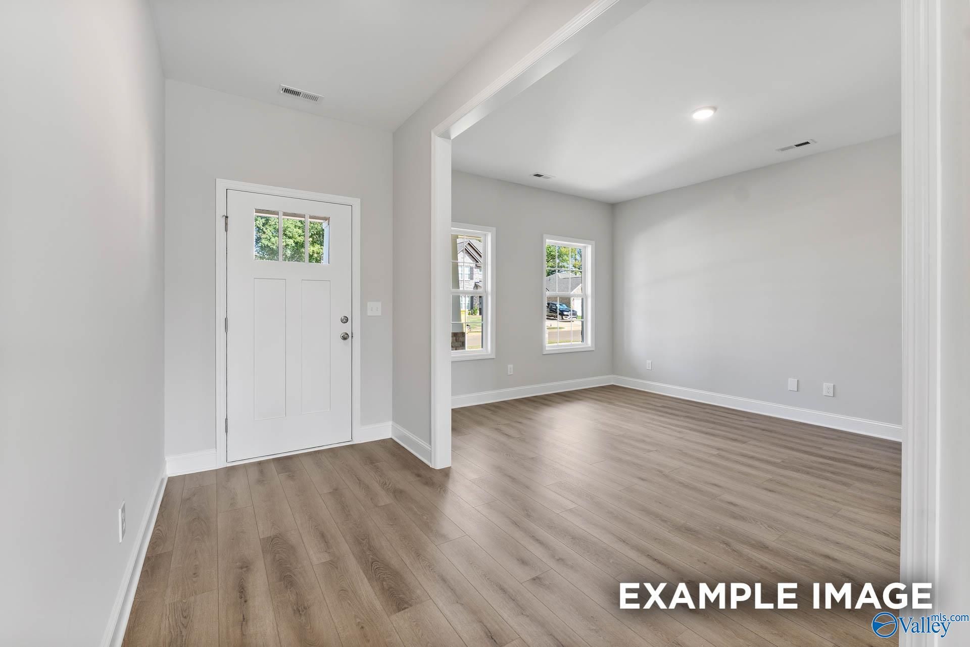 Bright entry foyer with hardwood floors, arched opening, and large windows in 4-bedroom Davidson Homes Chelsea D, New Market, AL