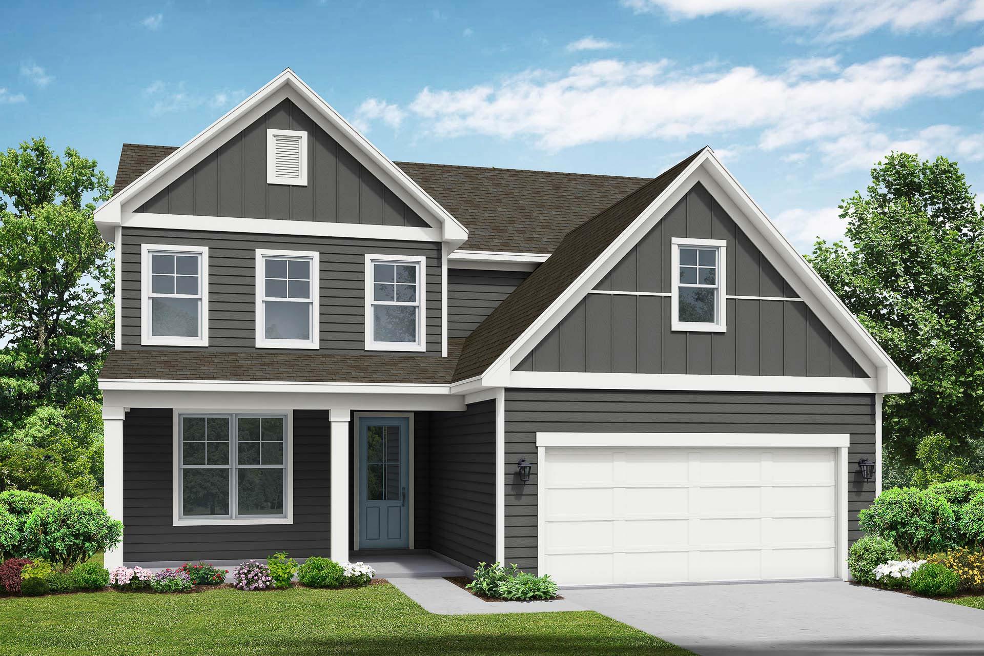 Two-story The Ash elevation featuring gray siding, gabled roof, two-car garage, front porch, and lush landscaping in Mt. Juliet