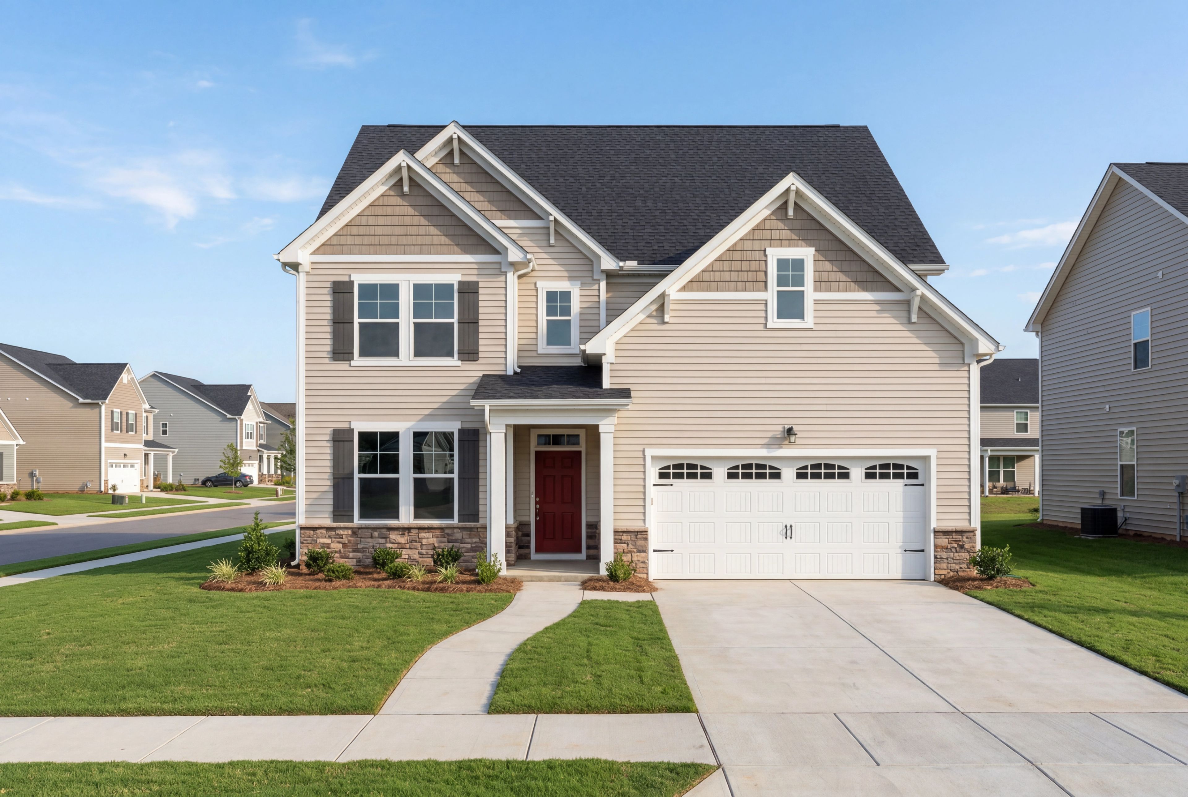 Two-story Hickory II A home elevation with stone and vinyl exterior, red door, 2-car garage, and lush lawn