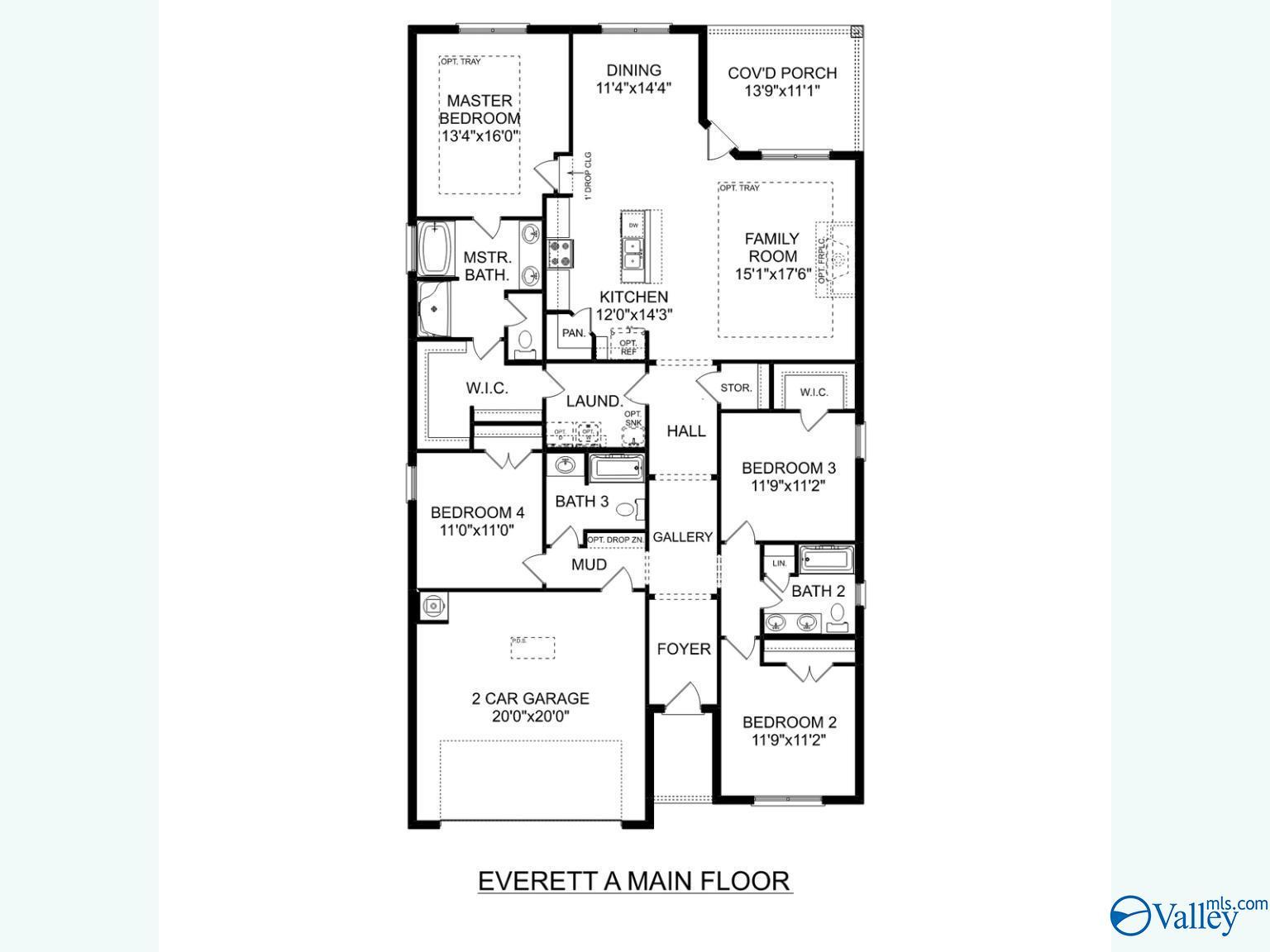 Detailed Everett floor plan: 4-bed, 3-bath, 2,136 sq ft 1-story home with open kitchen, family room, covered porch, 2-car garage in Toney, AL