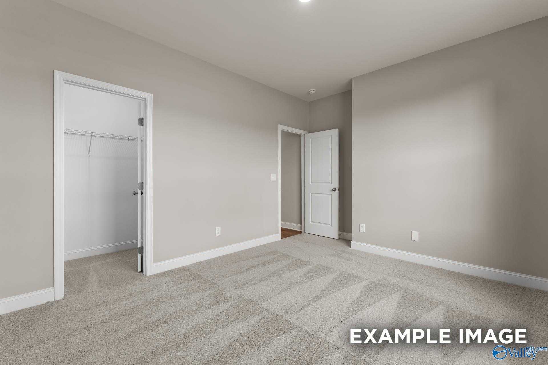 Spacious bedroom with open walk-in closet and neutral beige walls in Davidson Homes Rockford D, Hazel Green, Alabama