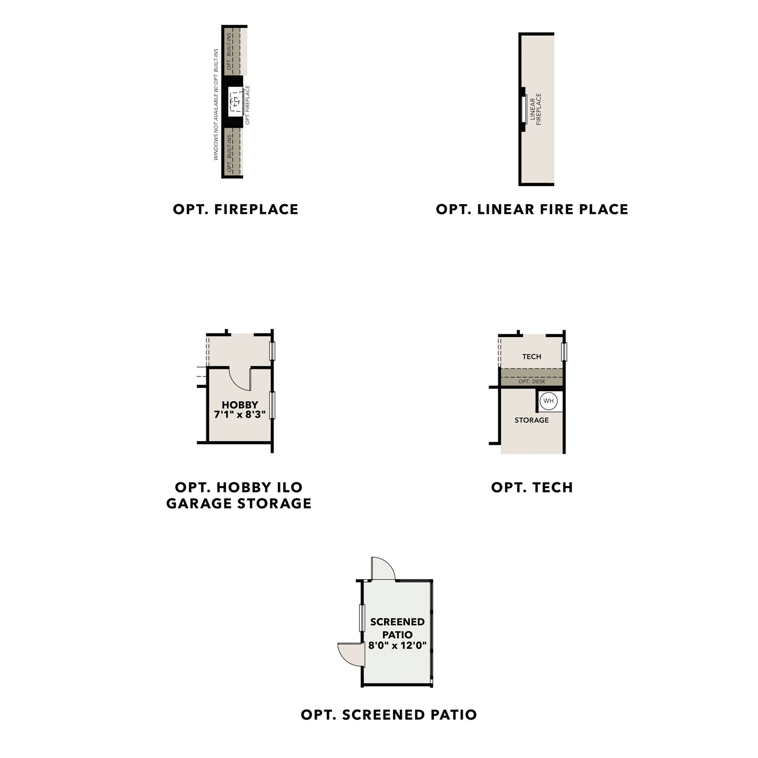 The Dawson home floor plan options: fireplace, linear fireplace, hobby room, garage storage, tech nook, screened porch and patio