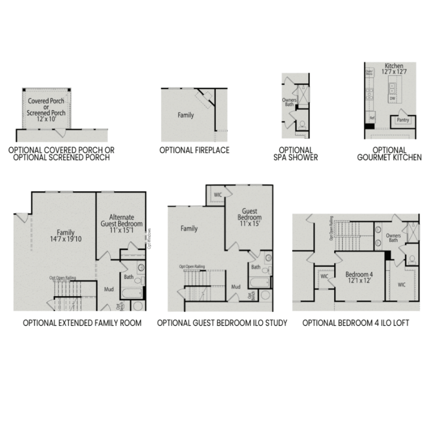 First floor plan of The Willow B home design featuring optional covered porch, extended family room, gourmet kitchen, and spa shower