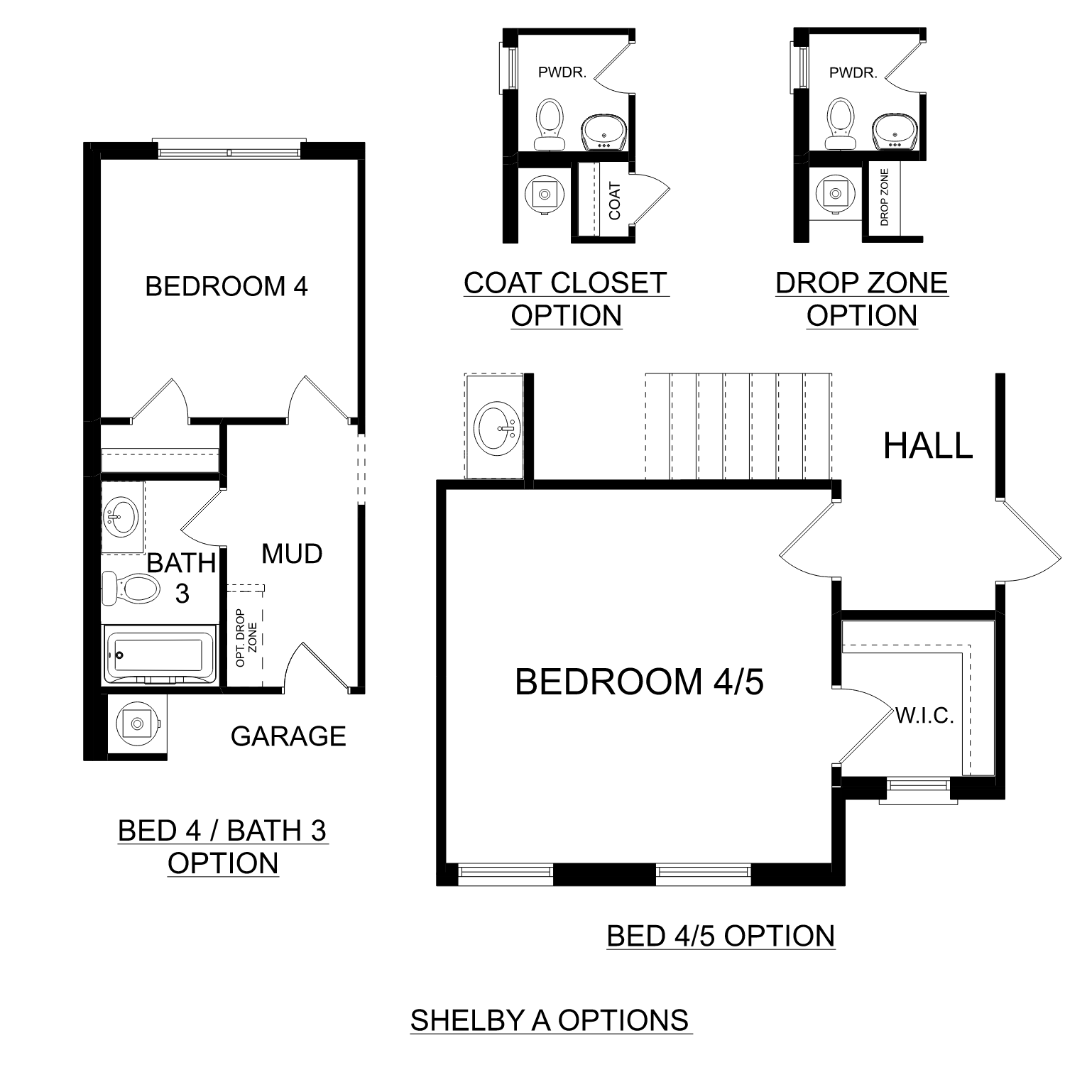 First floor plan of The Shelby A showcasing 2-car garage, Bedroom 4/5 options, Bath 3, mudroom, and drop zone