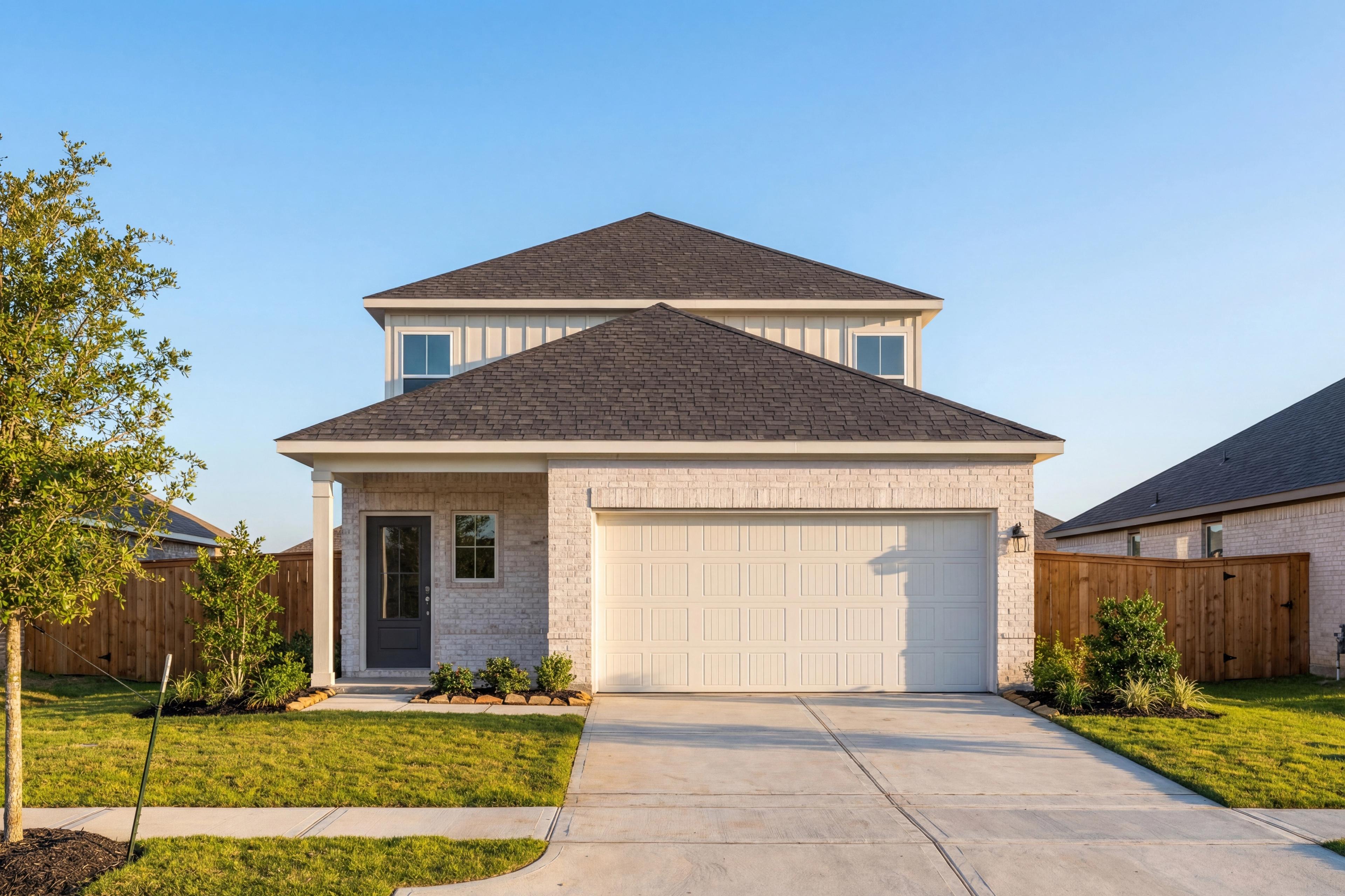 Modern two-story elevation of The Rio Grande showcasing brick exterior, three-car garage, and landscaped front yard in Magnolia Texas