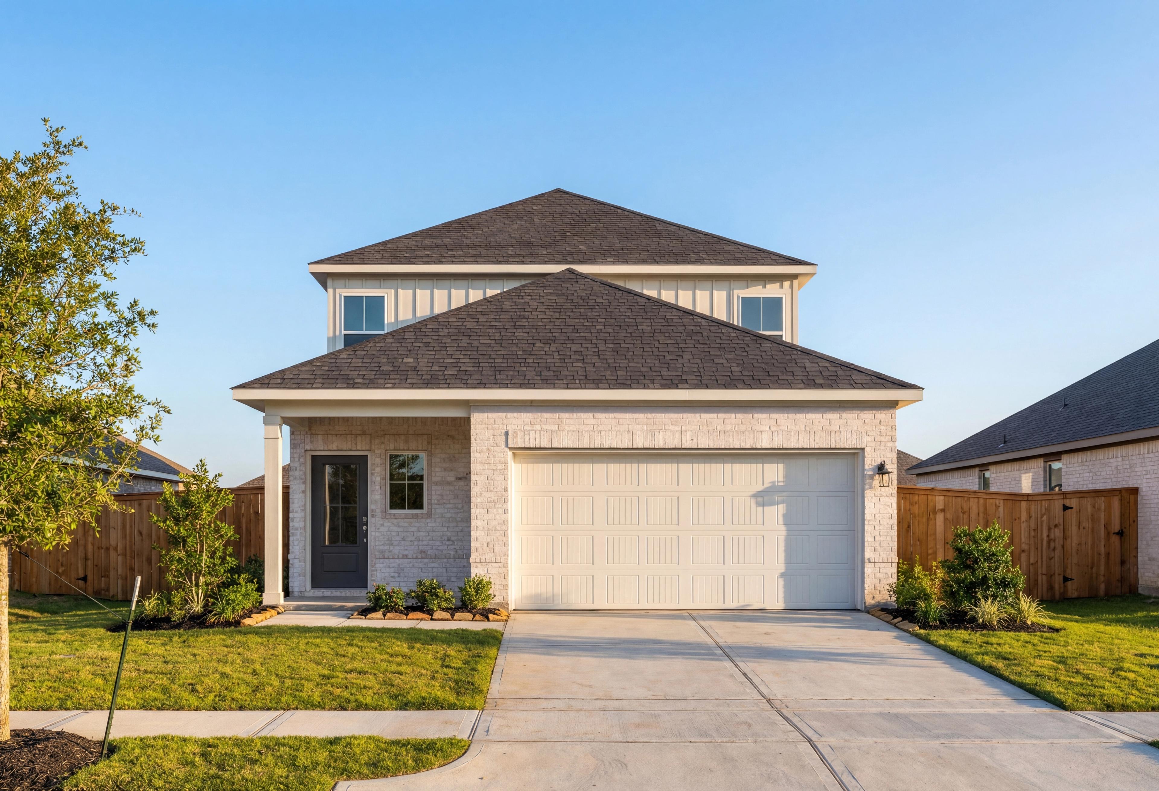Modern two-story elevation of The Rio Grande showcasing brick exterior, three-car garage, and landscaped front yard in Magnolia Texas