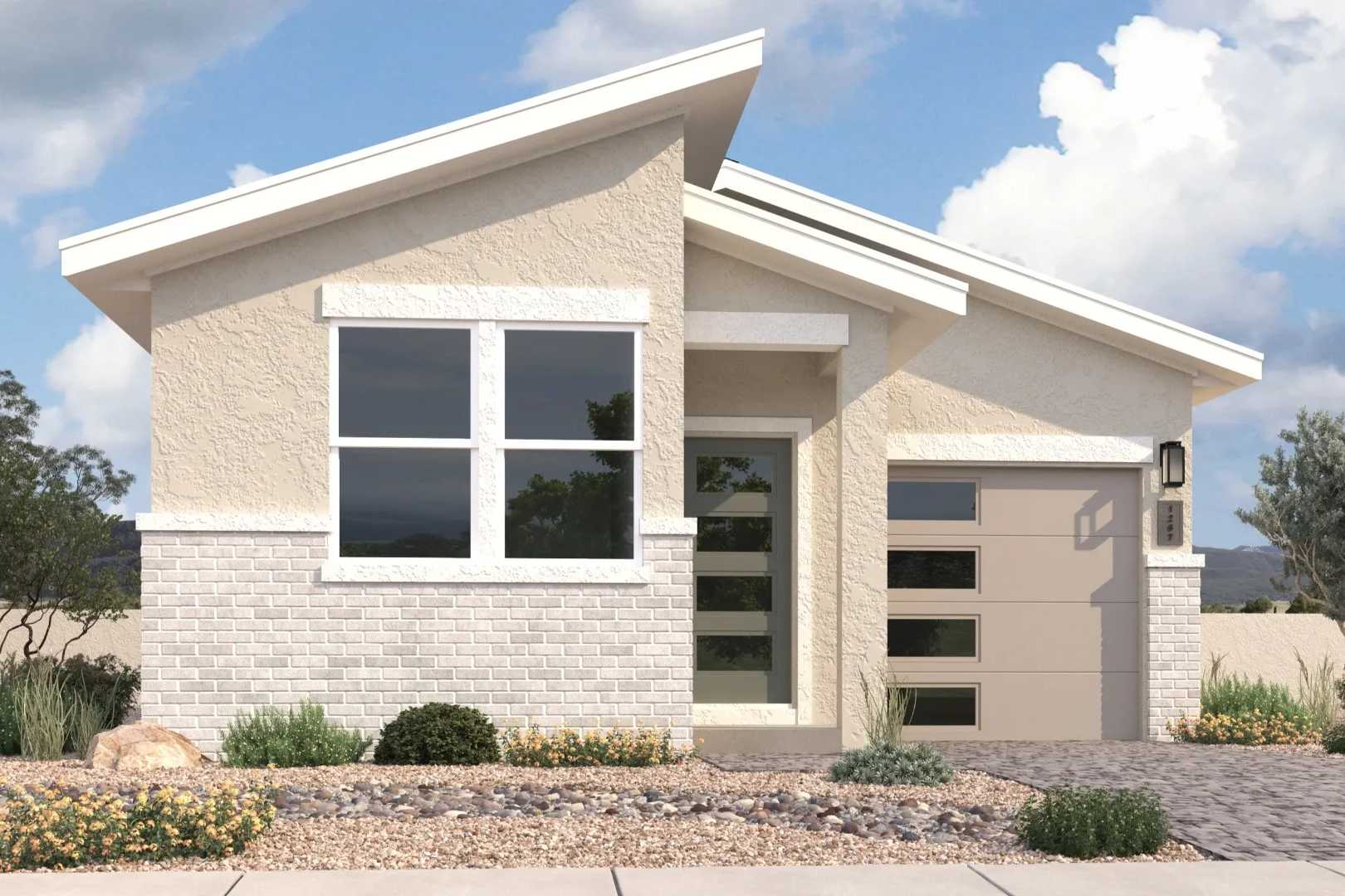 Contemporary stucco exterior of the Richmond C 3-bedroom single-story home featuring garage and desert landscaping in Prescott, AZ