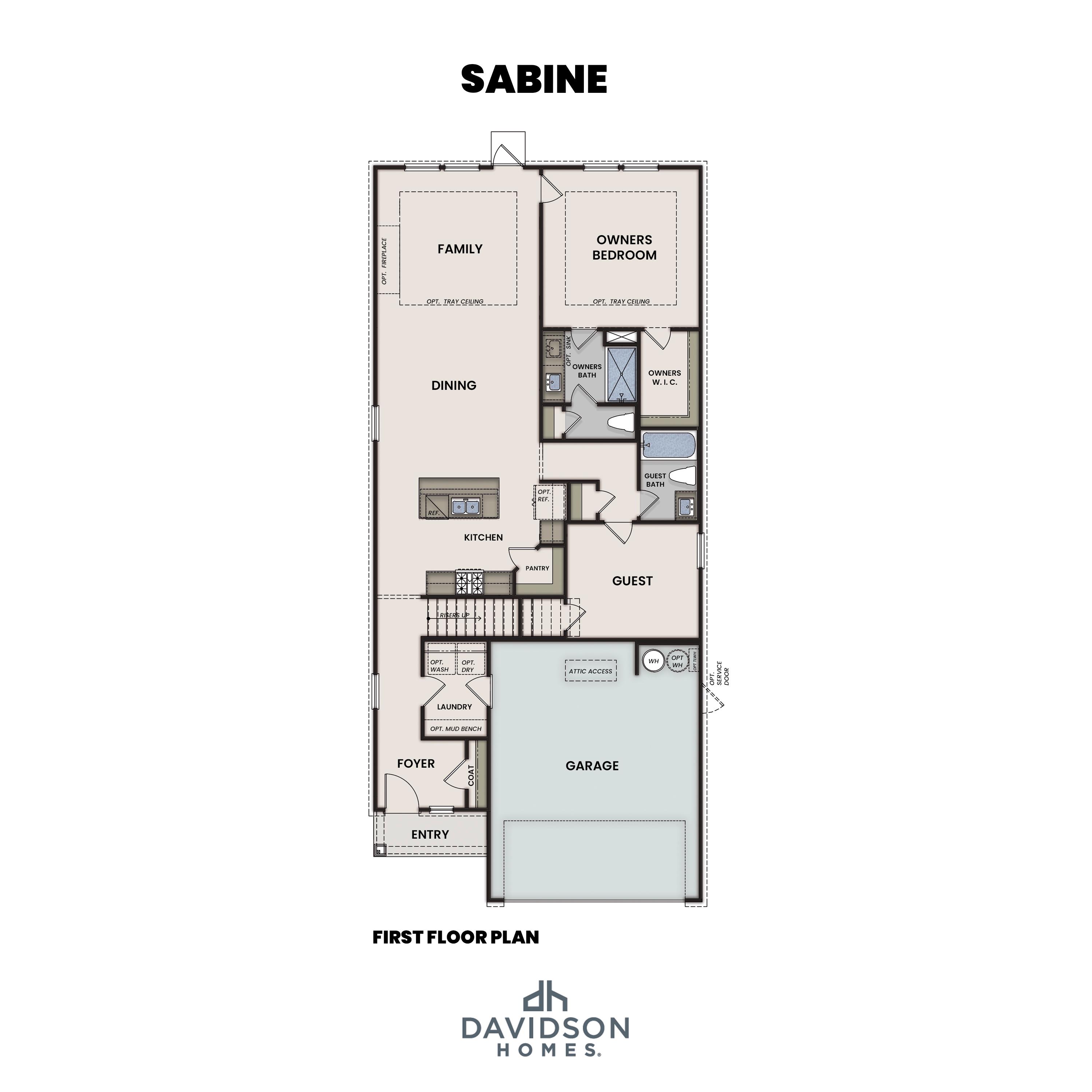 The Sabine first floor plan: open family room, primary suite, kitchen, dining, 2-car garage in 2,128 sq ft Davidson Homes design