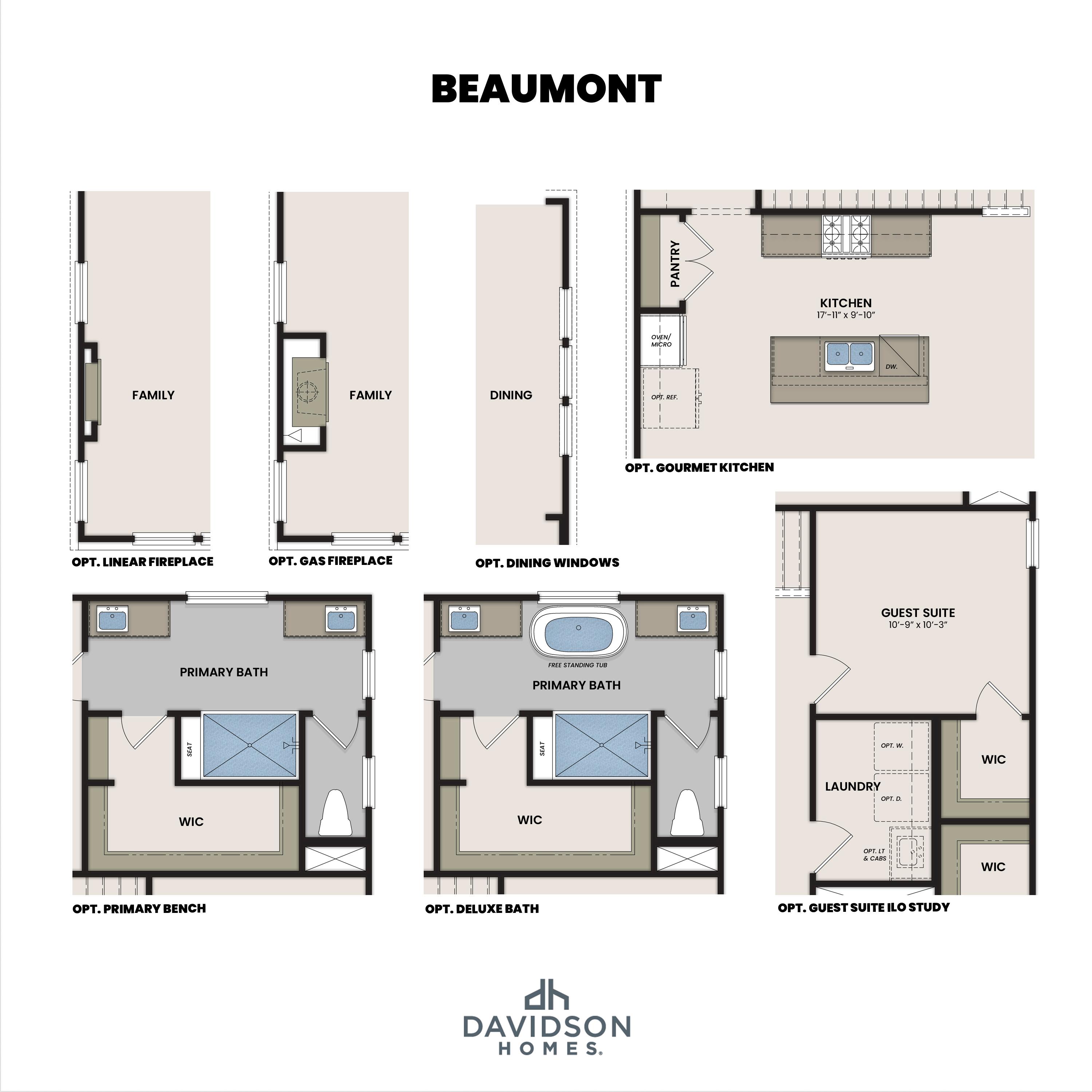 Optional room layouts for The Beaumont home design including gourmet kitchen, deluxe primary bath, and guest suite options.