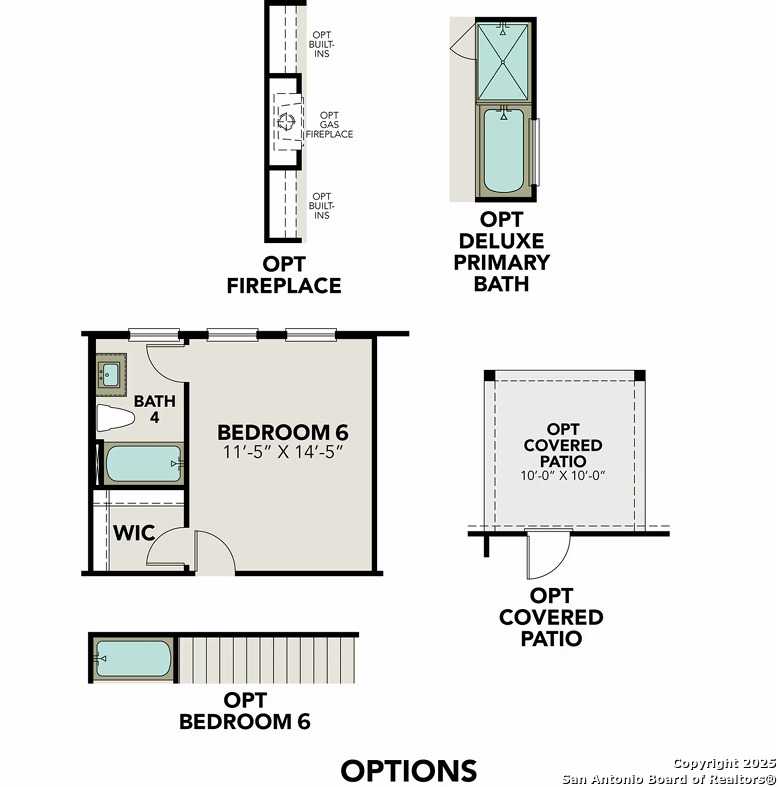 Danbury H floor plan: 5-bedroom, 4.5-bath layout with optional fireplace, deluxe primary bath, covered patio in Castroville, TX