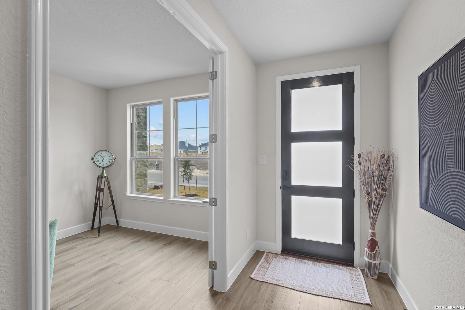 Bright entryway with frosted glass black door, large windows, vintage clock stand, and pampas grass decor in The Belmont G home, Castroville, Texas