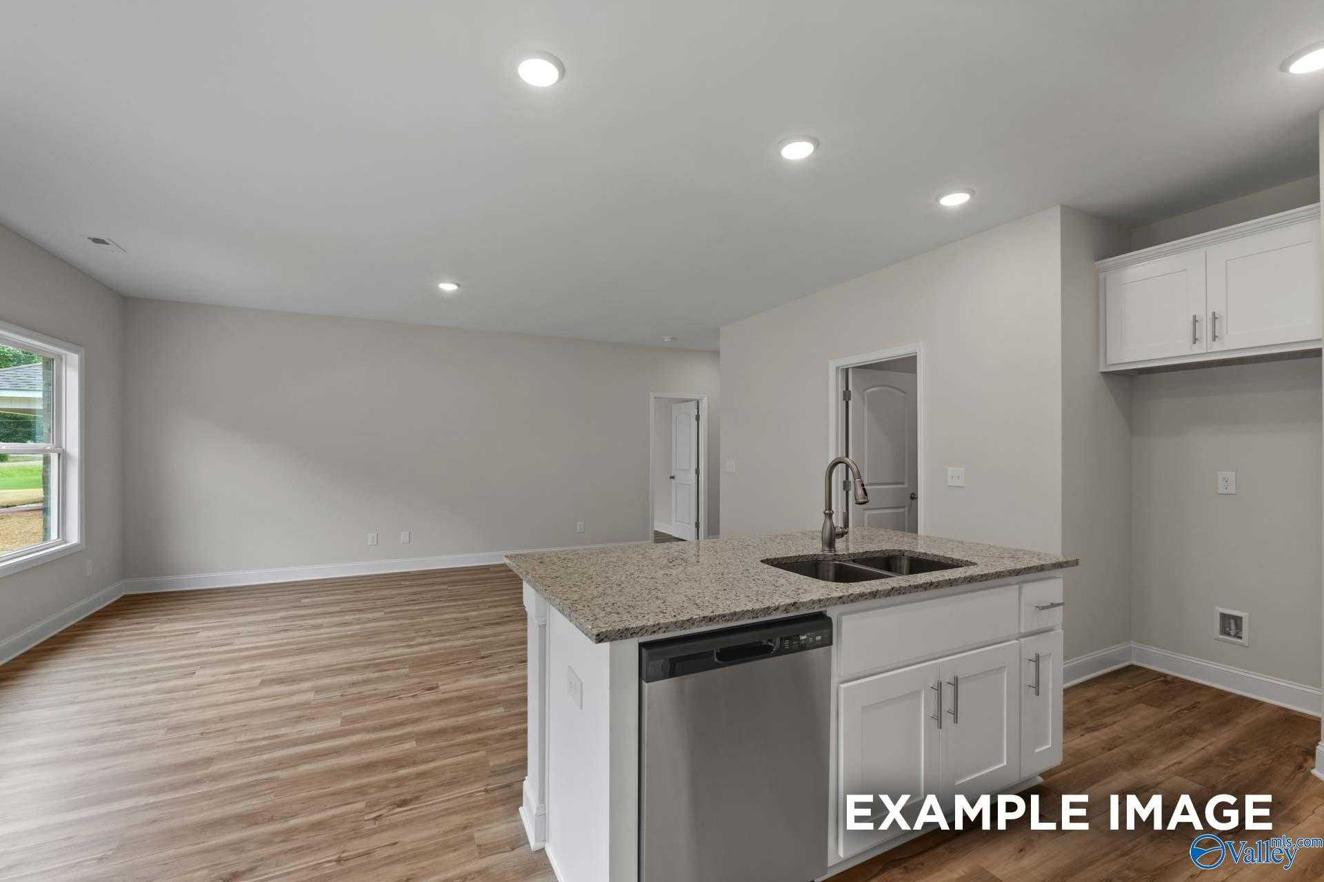 Modern kitchen island with granite countertop, stainless sink, and dishwasher in open-concept The Butler floor plan, Toney, Alabama