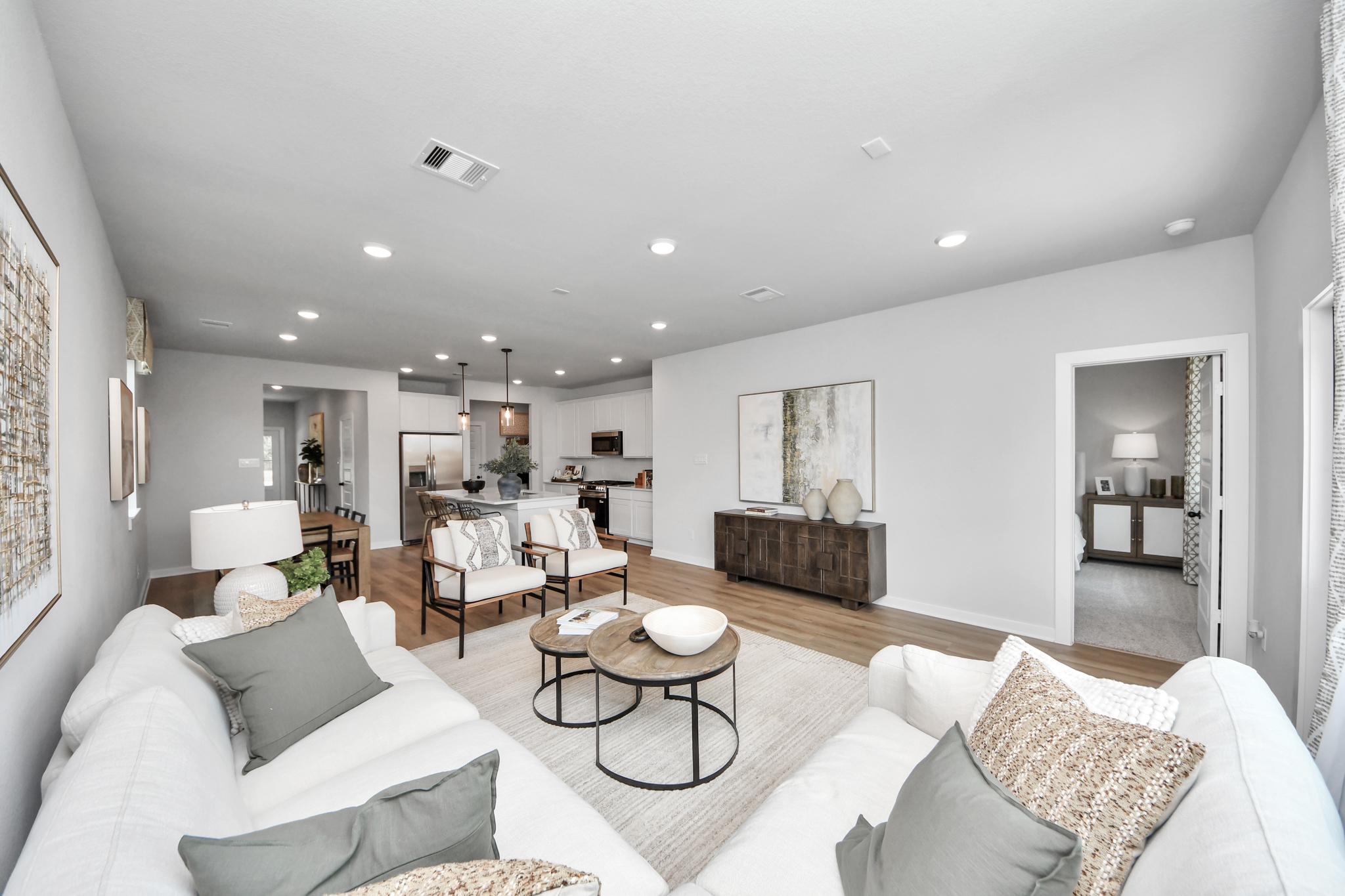 Open-concept living room at Robins Landing in Houston, TX by Davidson Homes featuring modern decor and hardwood floors.